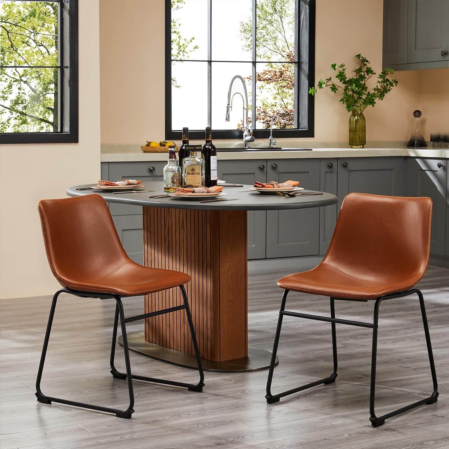 31 inch Armless Industrial Faux Leather Barstools with Metal Legs and Footrest, Dining Chairs for Home Office Kitchen Island
