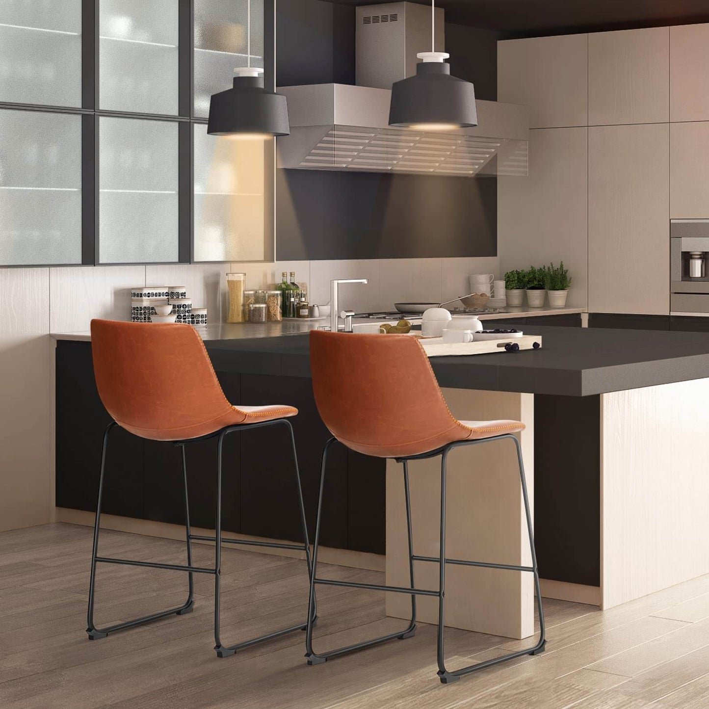 31 inch Armless Industrial Faux Leather Barstools with Metal Legs and Footrest, Dining Chairs for Home Office Kitchen Island