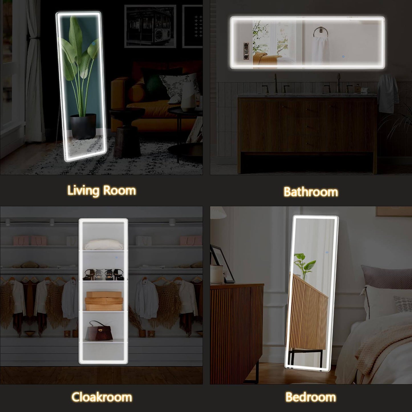 3 Color Lighting Mirror with LED Lights, 64"x21" Lighted Floor Standing Mirror with Stand, Wall Mounted Hanging