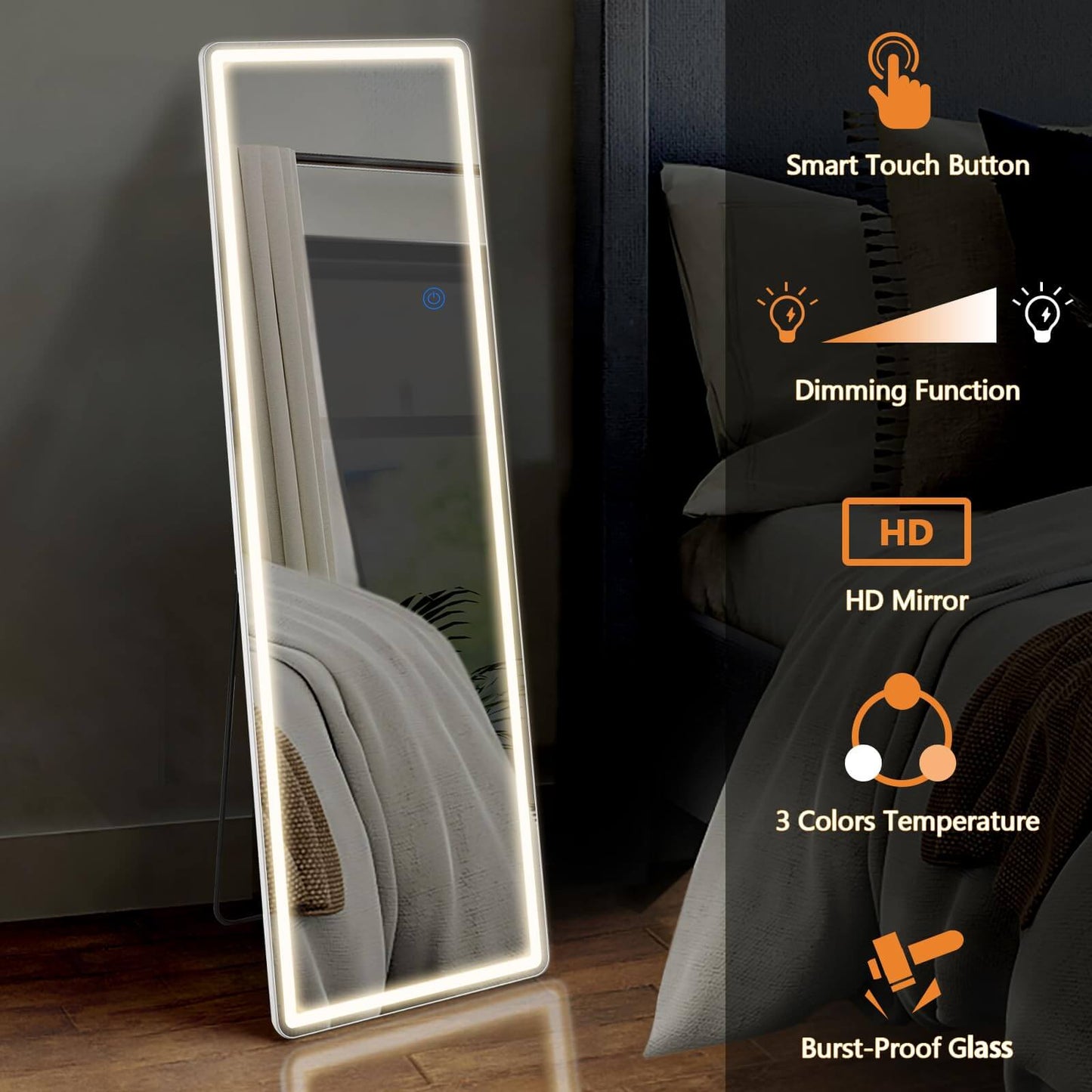 3 Color Lighting Mirror with LED Lights, 64"x21" Lighted Floor Standing Mirror with Stand, Wall Mounted Hanging