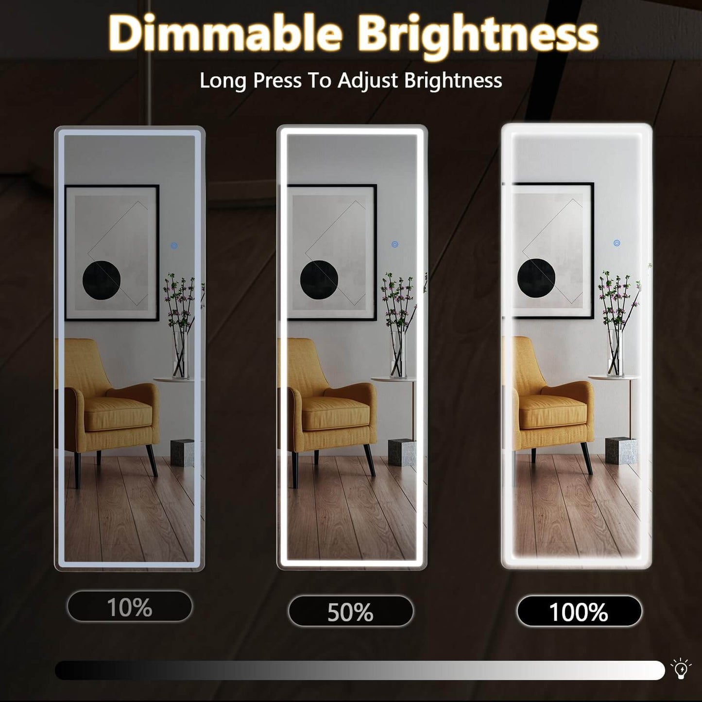 3 Color Lighting Mirror with LED Lights, 64"x21" Lighted Floor Standing Mirror with Stand, Wall Mounted Hanging
