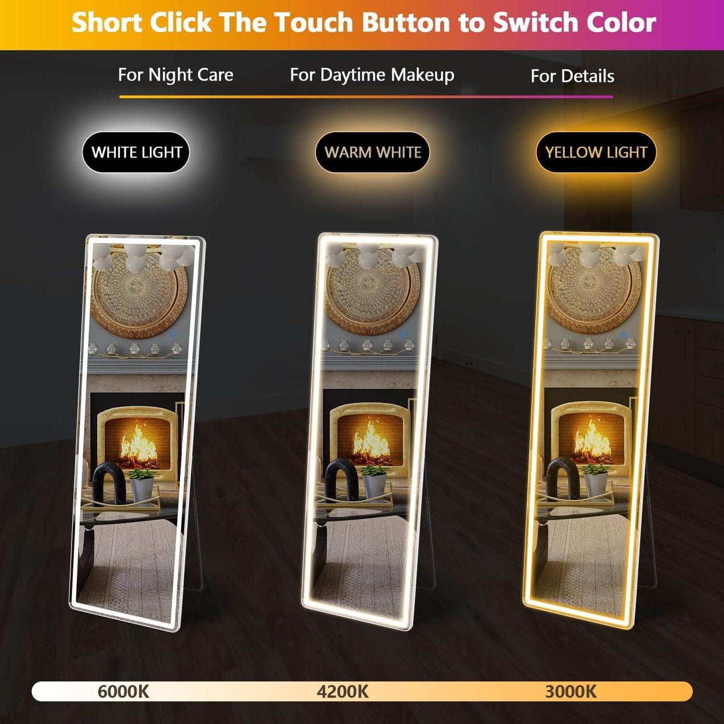 3 Color Lighting Mirror with LED Lights, 64"x21" Lighted Floor Standing Mirror with Stand, Wall Mounted Hanging