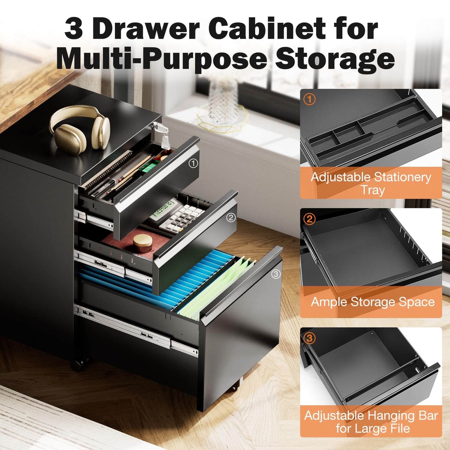 Sweetcrispy 3 Drawer Mobile Rolling File Cabinet With Lock For Home Office