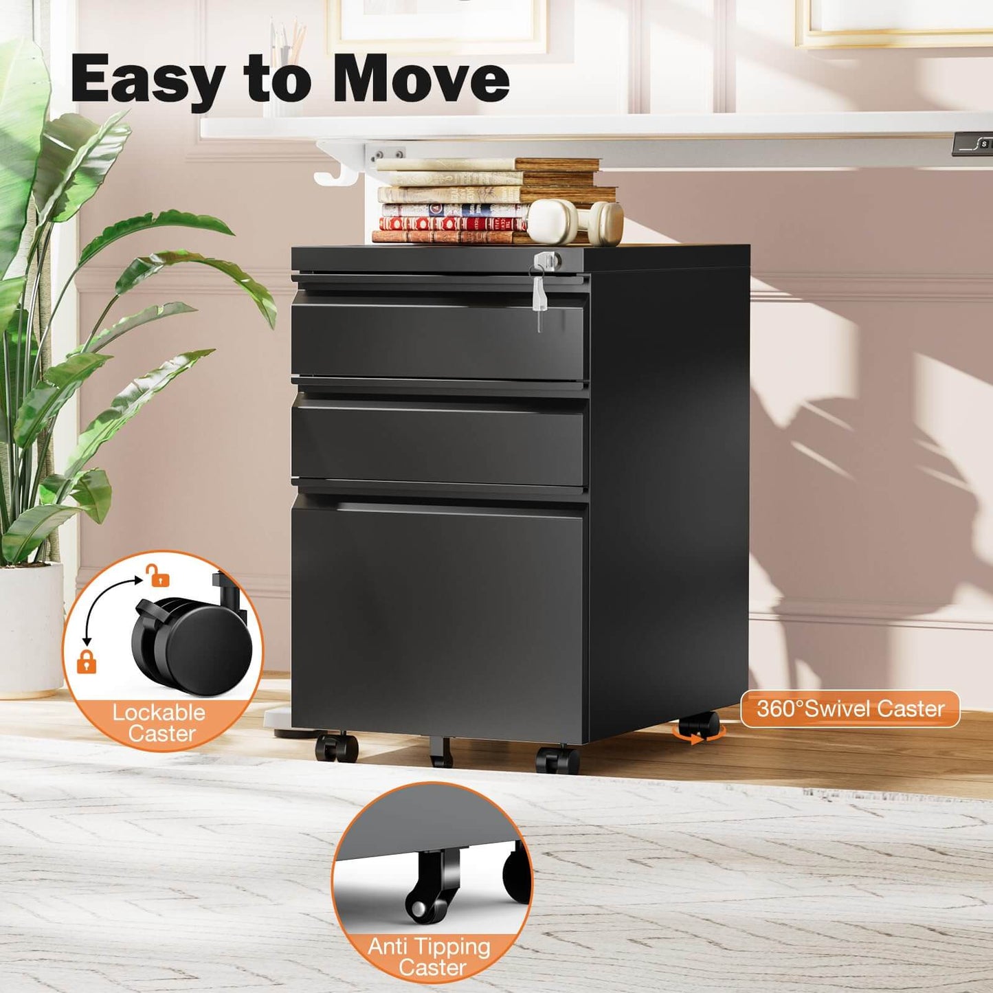 Sweetcrispy 3 Drawer Mobile Rolling File Cabinet With Lock For Home Office
