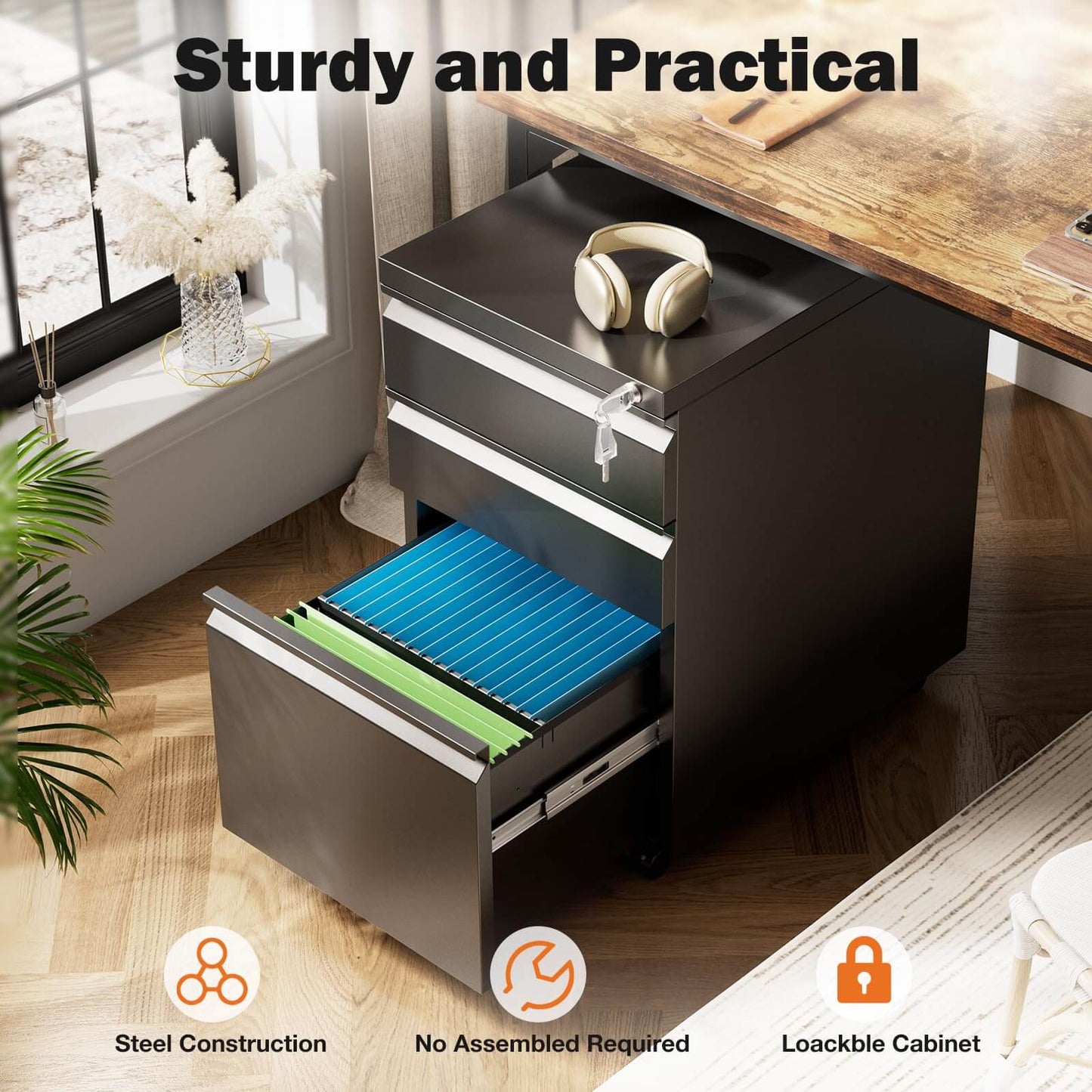 Sweetcrispy 3 Drawer Mobile Rolling File Cabinet With Lock For Home Office