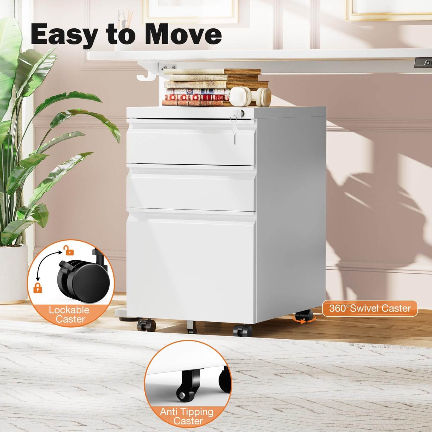 Sweetcrispy 3 Drawer Mobile Rolling File Cabinet With Lock For Home Office
