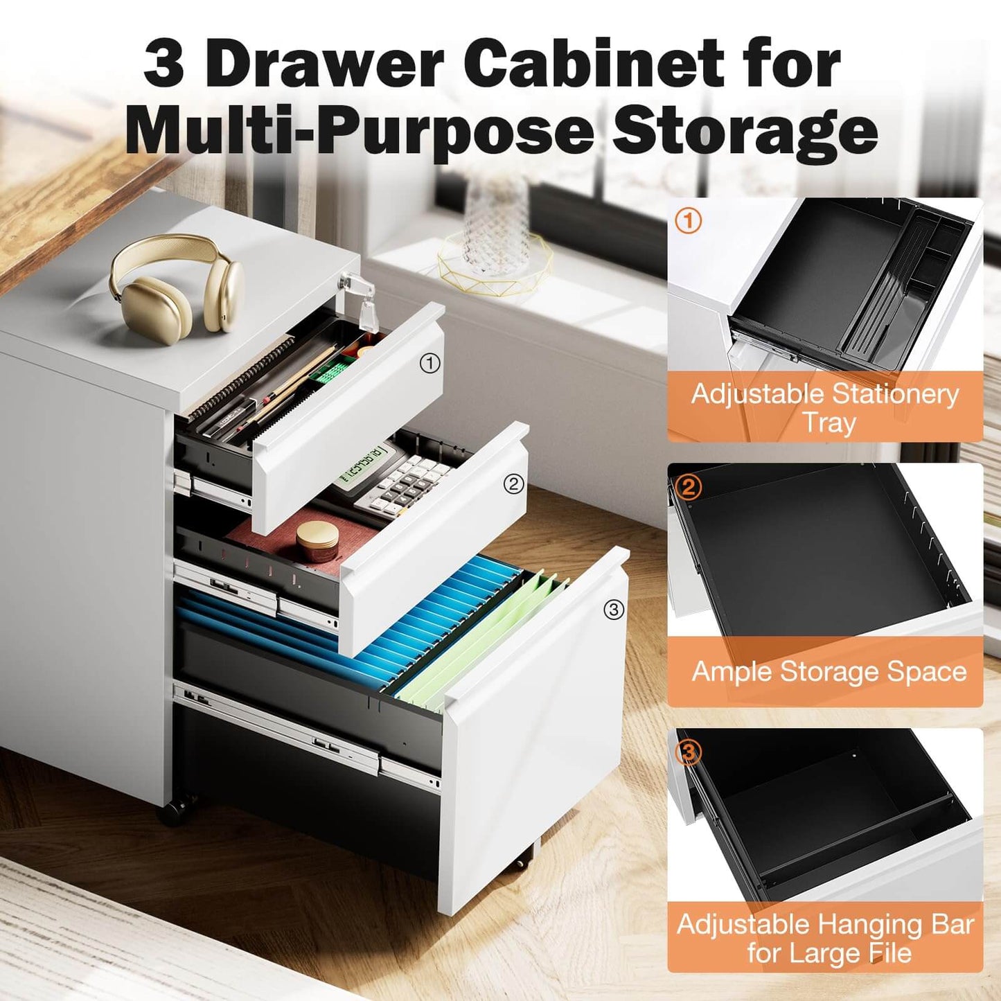 Sweetcrispy 3 Drawer Mobile Rolling File Cabinet With Lock For Home Office