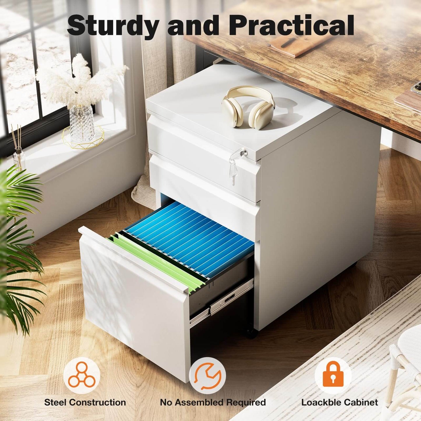 Sweetcrispy 3 Drawer Mobile Rolling File Cabinet With Lock For Home Office