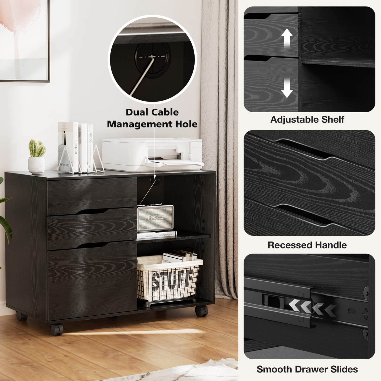 3 Drawer Mobile Rolling Lateral File Cabinet For Home Office And Kids Room