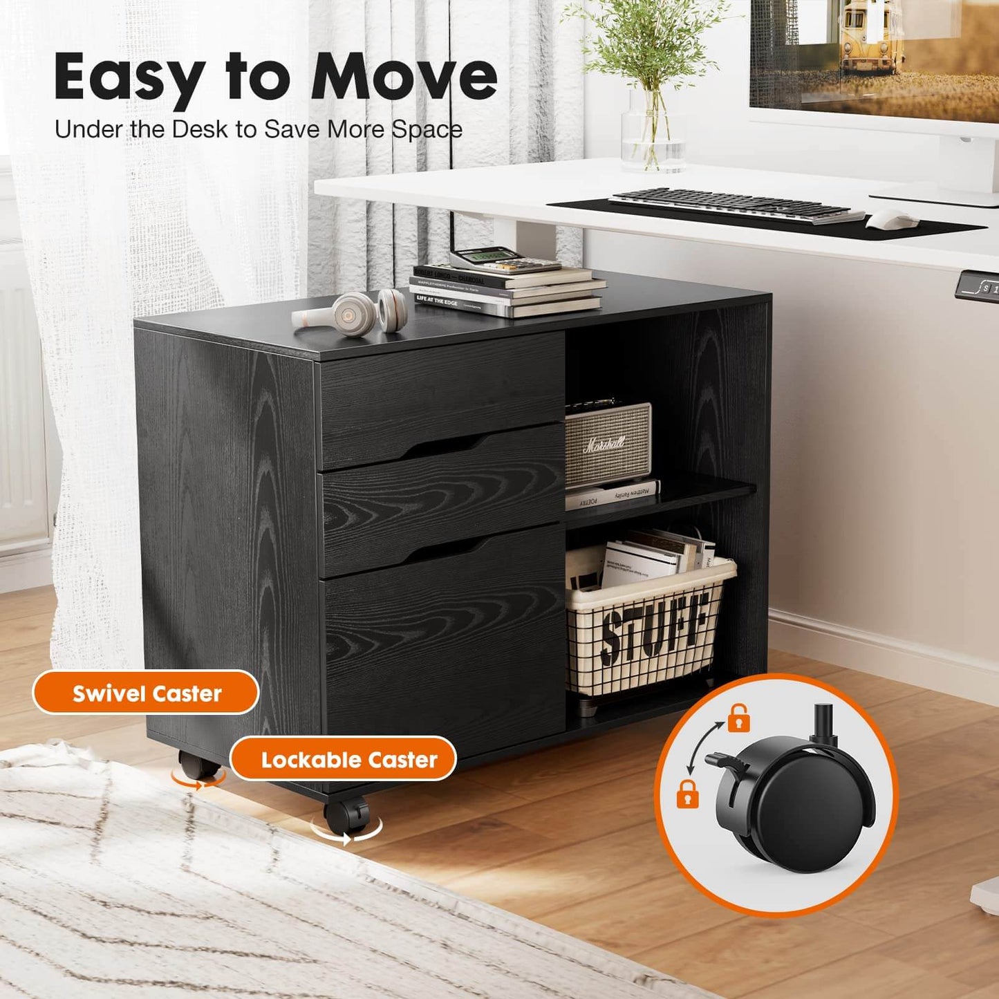 3 Drawer Mobile Rolling Lateral File Cabinet For Home Office And Kids Room