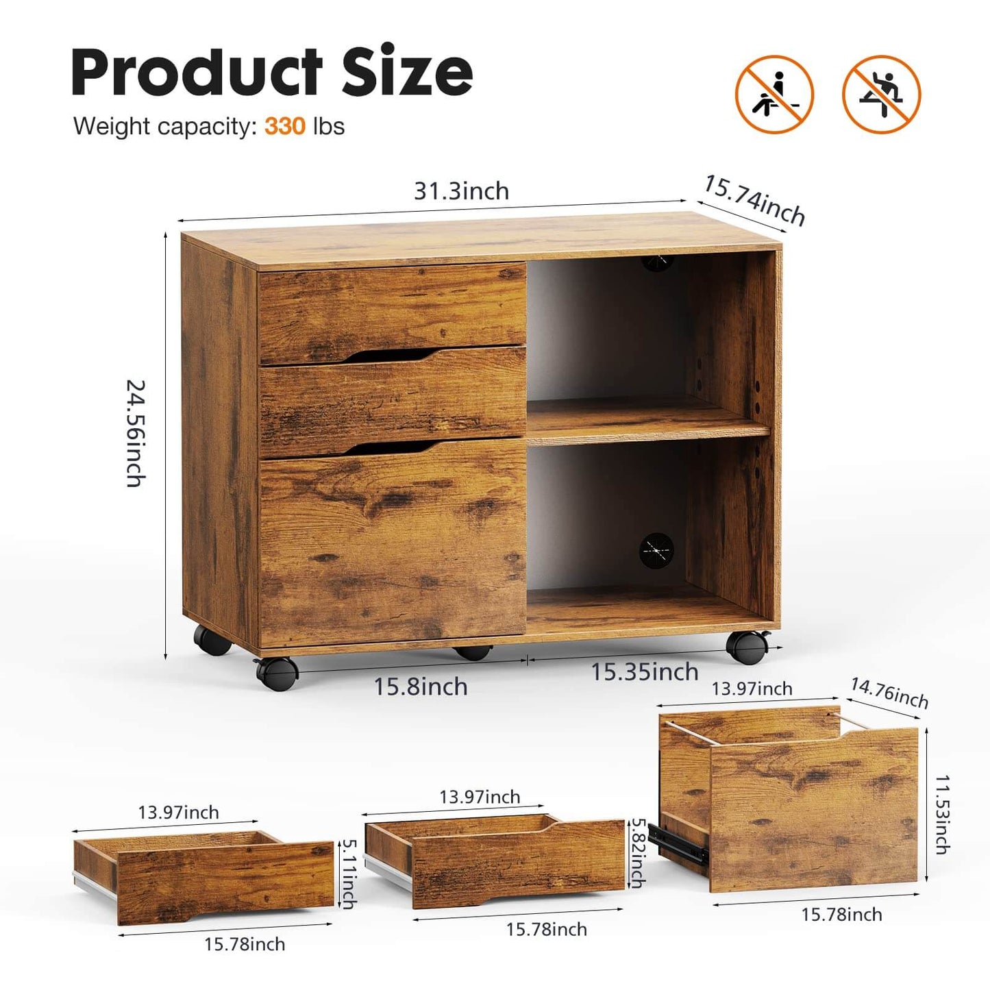 3 Drawer Mobile Rolling Lateral File Cabinet For Home Office And Kids Room