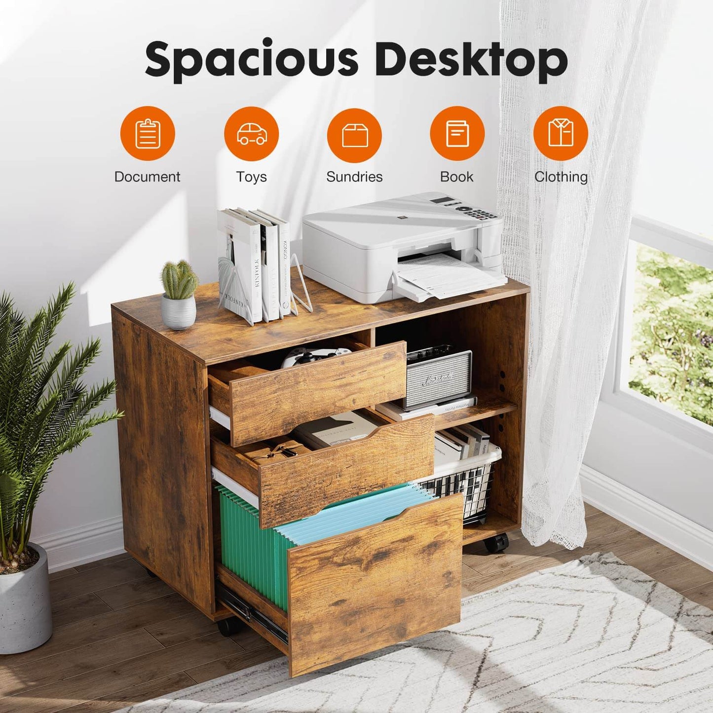 3 Drawer Mobile Rolling Lateral File Cabinet For Home Office And Kids Room