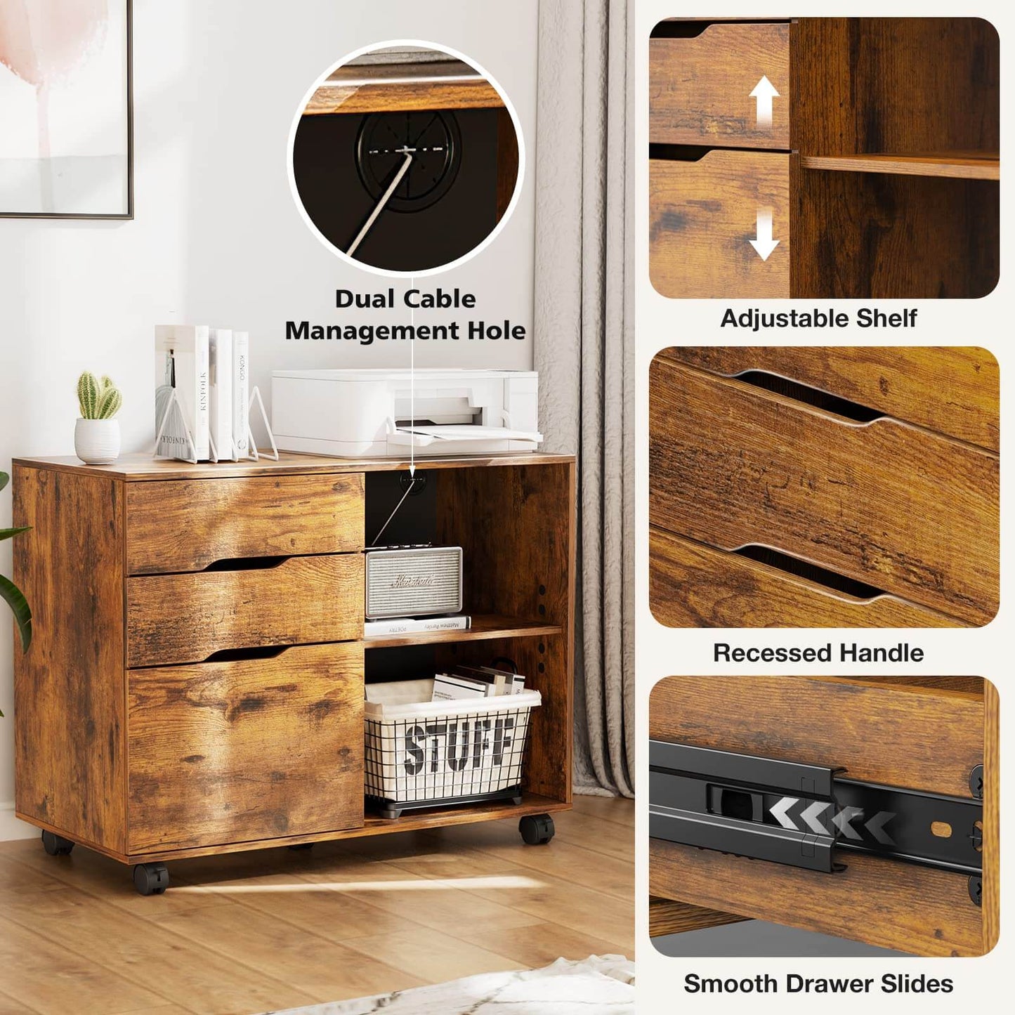 3 Drawer Mobile Rolling Lateral File Cabinet For Home Office And Kids Room