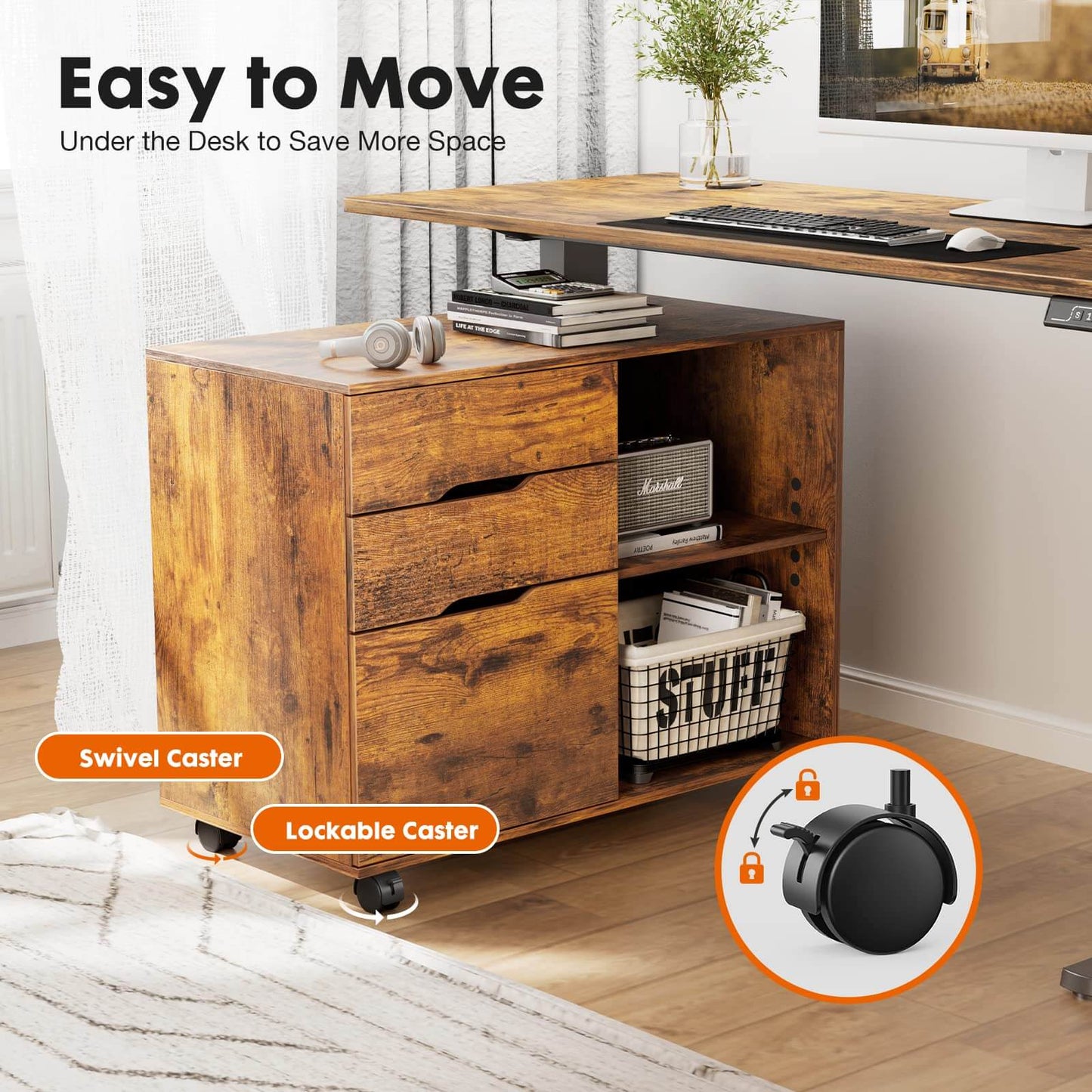 3 Drawer Mobile Rolling Lateral File Cabinet For Home Office And Kids Room