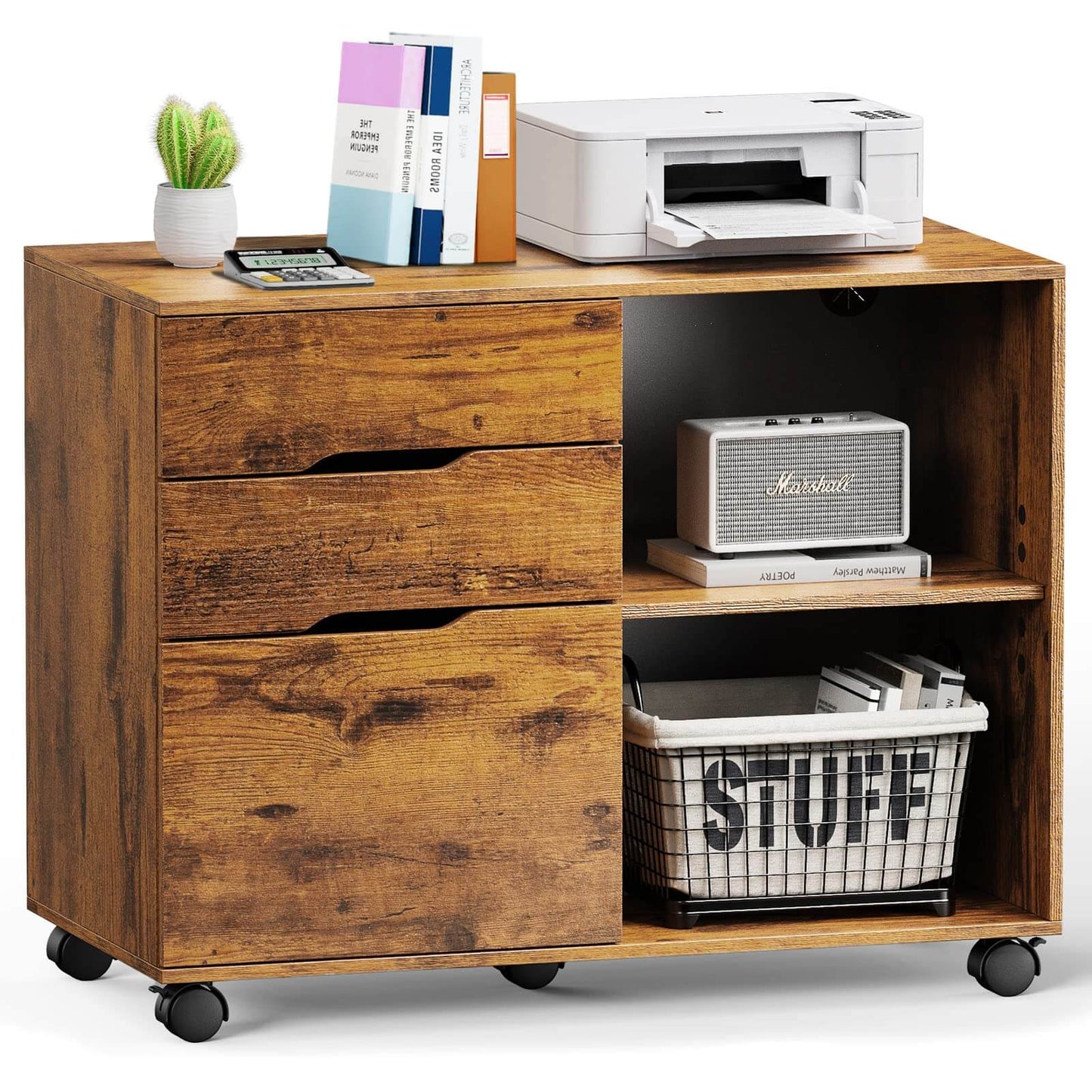 3 Drawer Mobile Rolling Lateral File Cabinet For Home Office And Kids Room