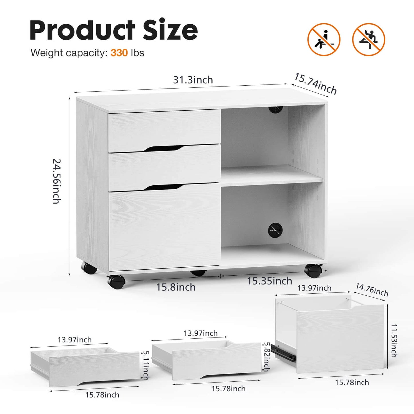 3 Drawer Mobile Rolling Lateral File Cabinet For Home Office And Kids Room