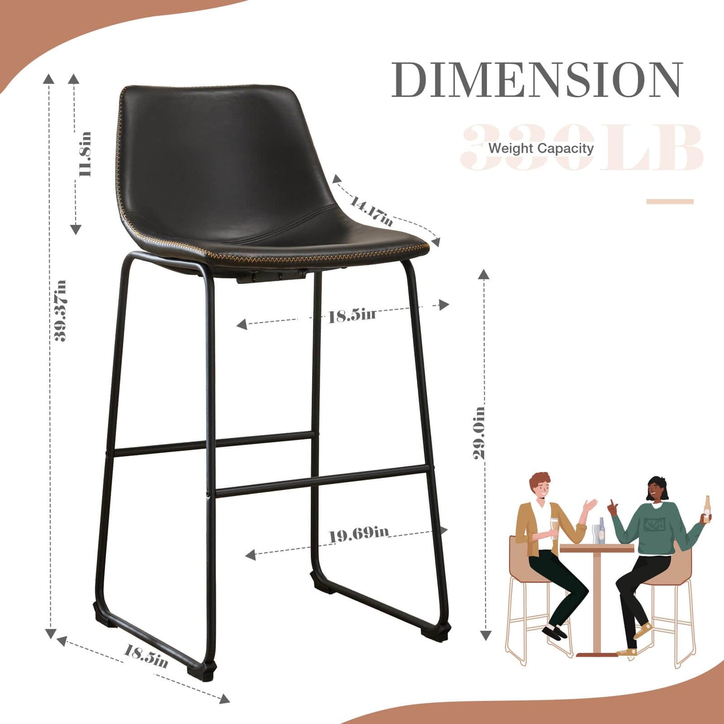 31 inch Armless Industrial Faux Leather Barstools with Metal Legs and Footrest, Dining Chairs for Home Office Kitchen Island