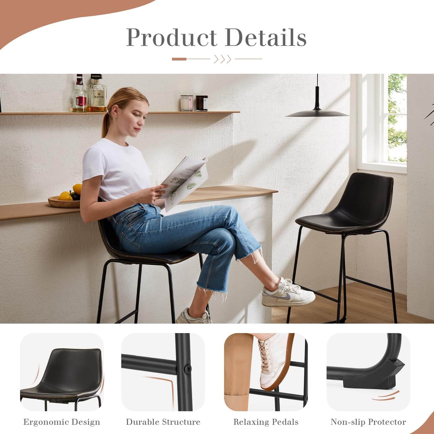 31 inch Armless Industrial Faux Leather Barstools with Metal Legs and Footrest, Dining Chairs for Home Office Kitchen Island