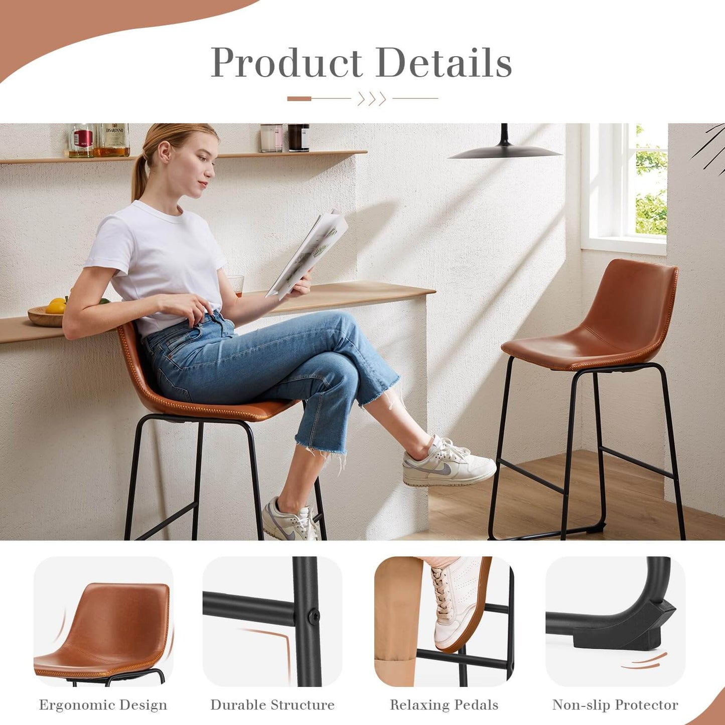 31 inch Armless Industrial Faux Leather Barstools with Metal Legs and Footrest, Dining Chairs for Home Office Kitchen Island