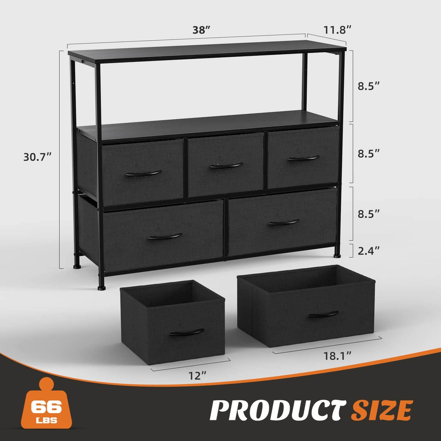 38 in Open Storage Shelf TV Stand with 5 Fabric Drawers for Bedroom/Living Room/Hallway