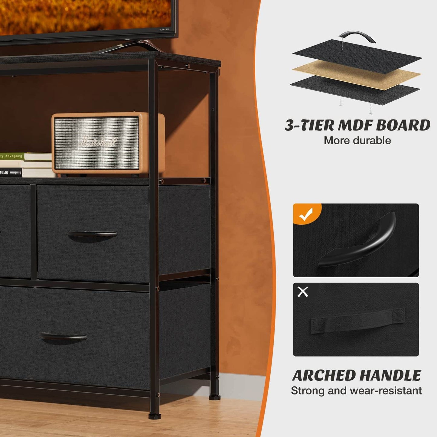 38 in Open Storage Shelf TV Stand with 5 Fabric Drawers for Bedroom/Living Room/Hallway