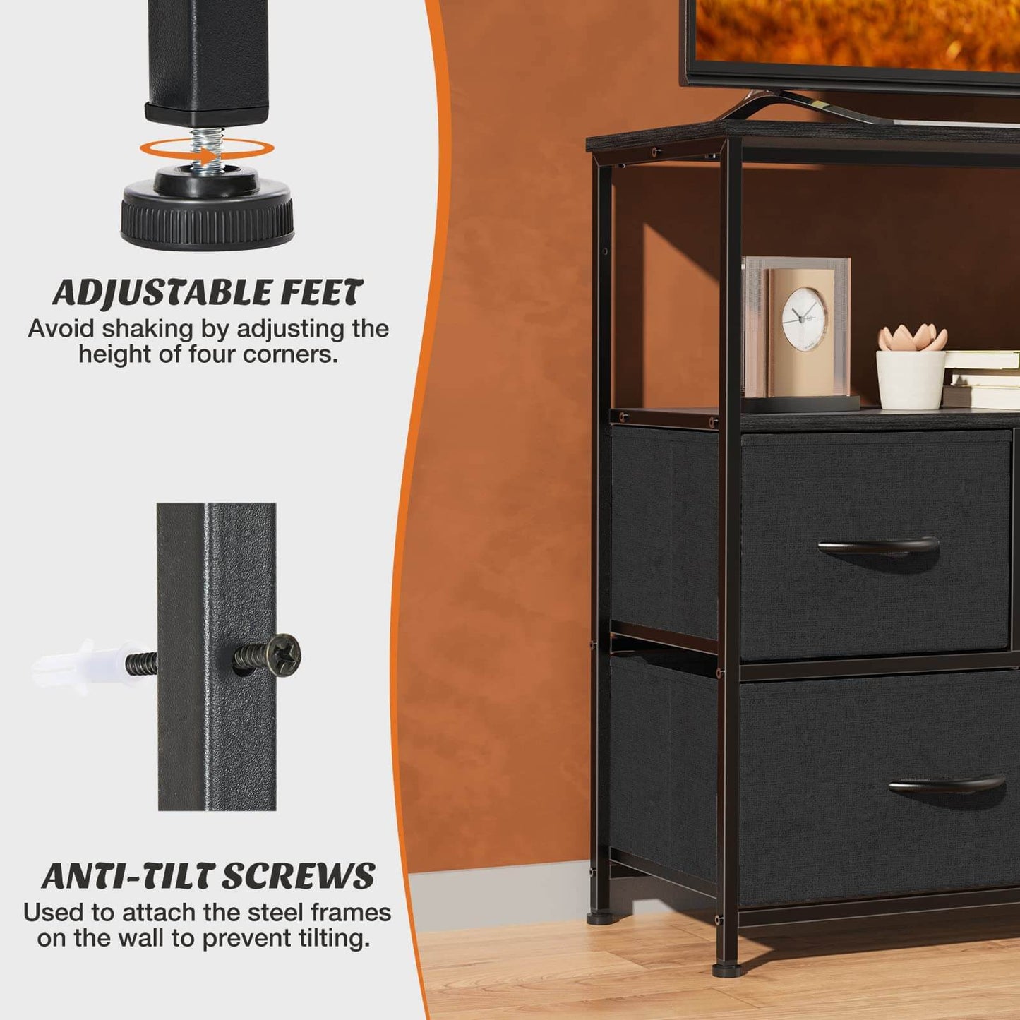 38 in Open Storage Shelf TV Stand with 5 Fabric Drawers for Bedroom/Living Room/Hallway