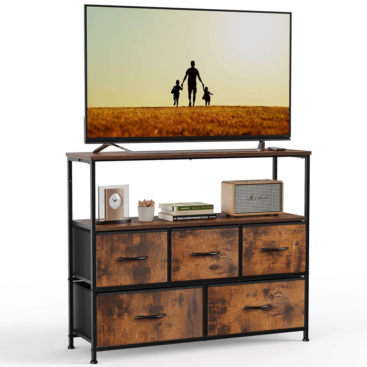 38 in Open Storage Shelf TV Stand with 5 Fabric Drawers for Bedroom/Living Room/Hallway
