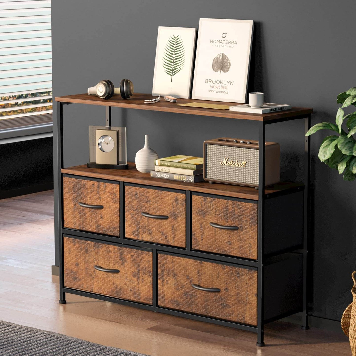 38 in Open Storage Shelf TV Stand with 5 Fabric Drawers for Bedroom/Living Room/Hallway