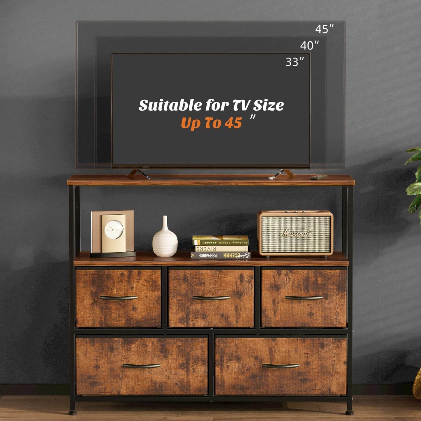 38 in Open Storage Shelf TV Stand with 5 Fabric Drawers for Bedroom/Living Room/Hallway