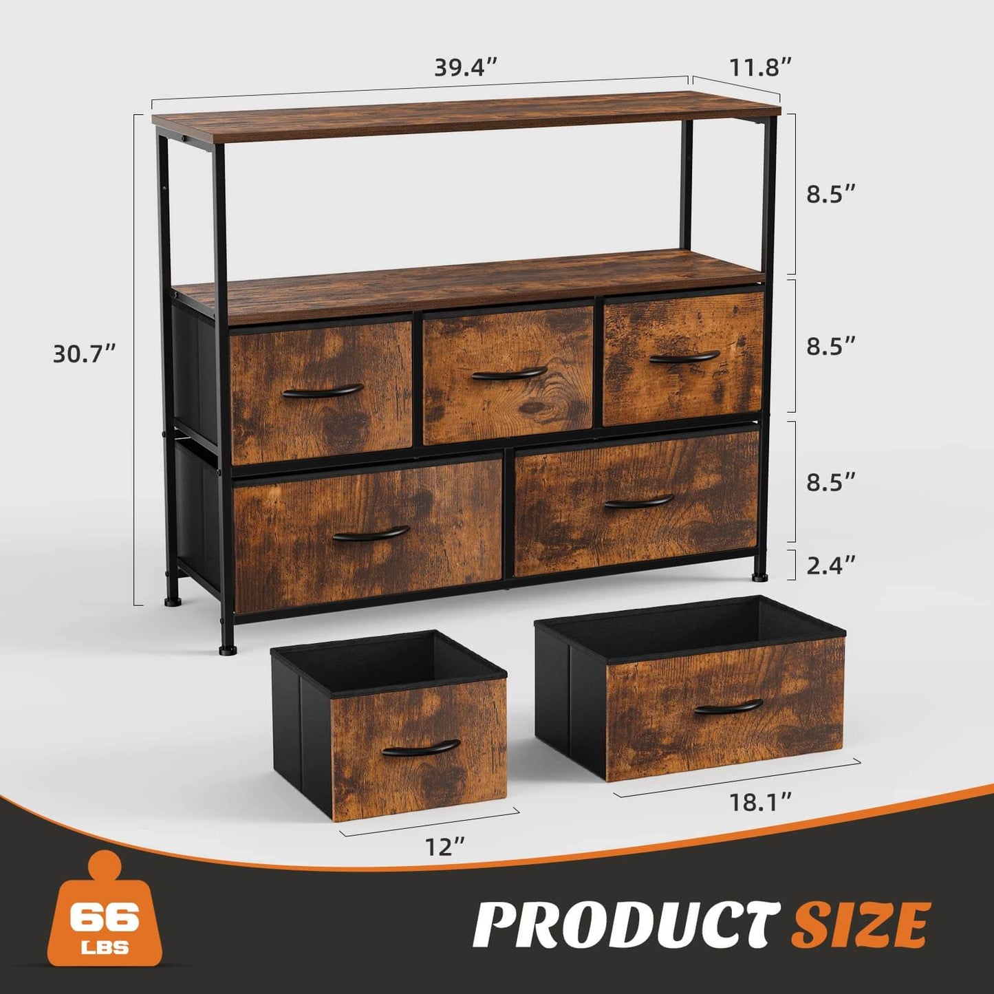 38 in Open Storage Shelf TV Stand with 5 Fabric Drawers for Bedroom/Living Room/Hallway