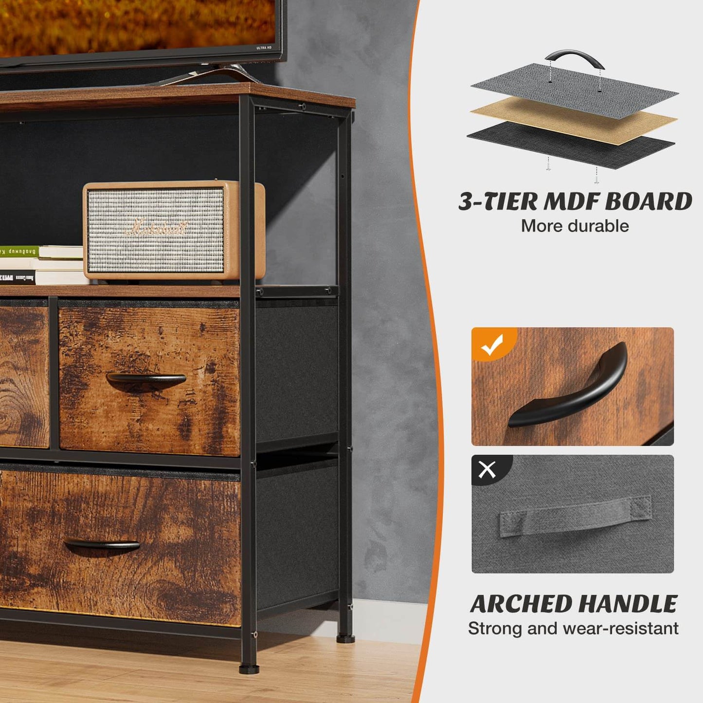 38 in Open Storage Shelf TV Stand with 5 Fabric Drawers for Bedroom/Living Room/Hallway