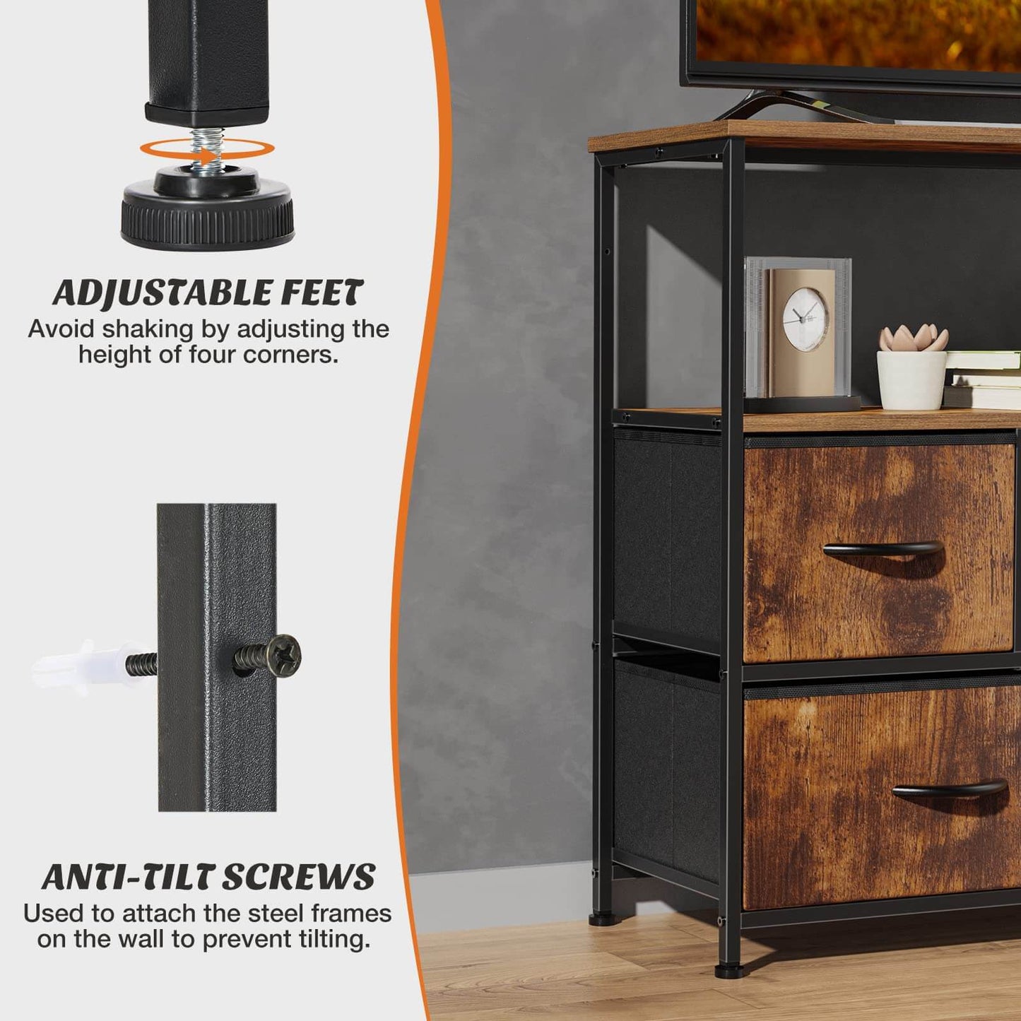 38 in Open Storage Shelf TV Stand with 5 Fabric Drawers for Bedroom/Living Room/Hallway