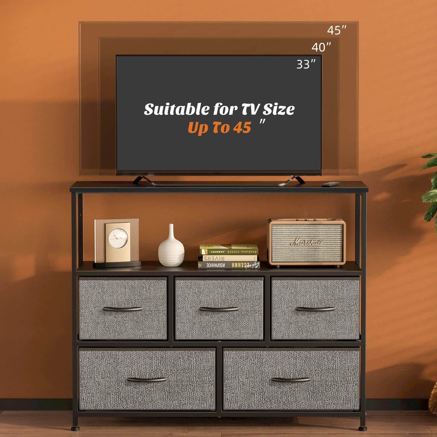 38 in Open Storage Shelf TV Stand with 5 Fabric Drawers for Bedroom/Living Room/Hallway