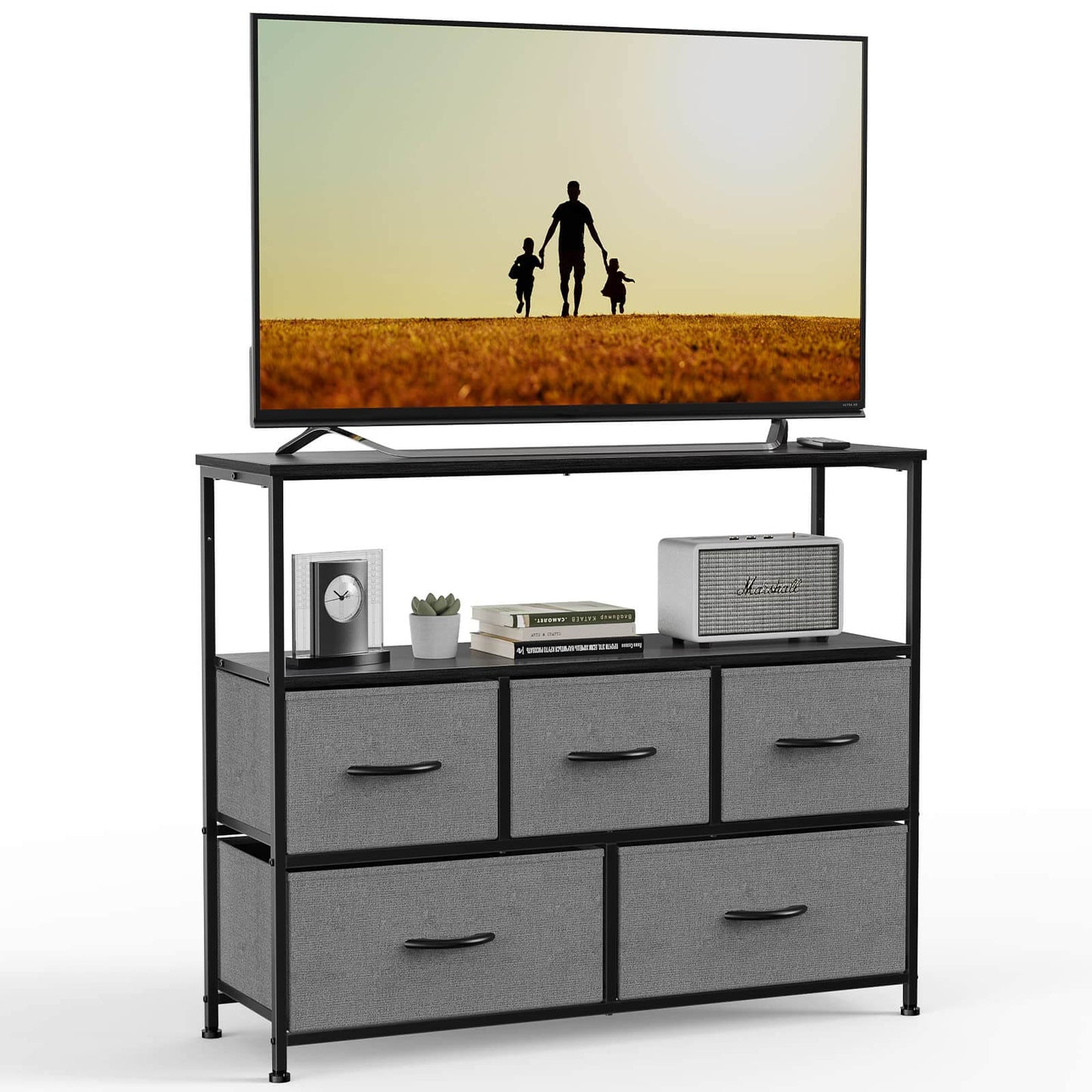 38 in Open Storage Shelf TV Stand with 5 Fabric Drawers for Bedroom/Living Room/Hallway