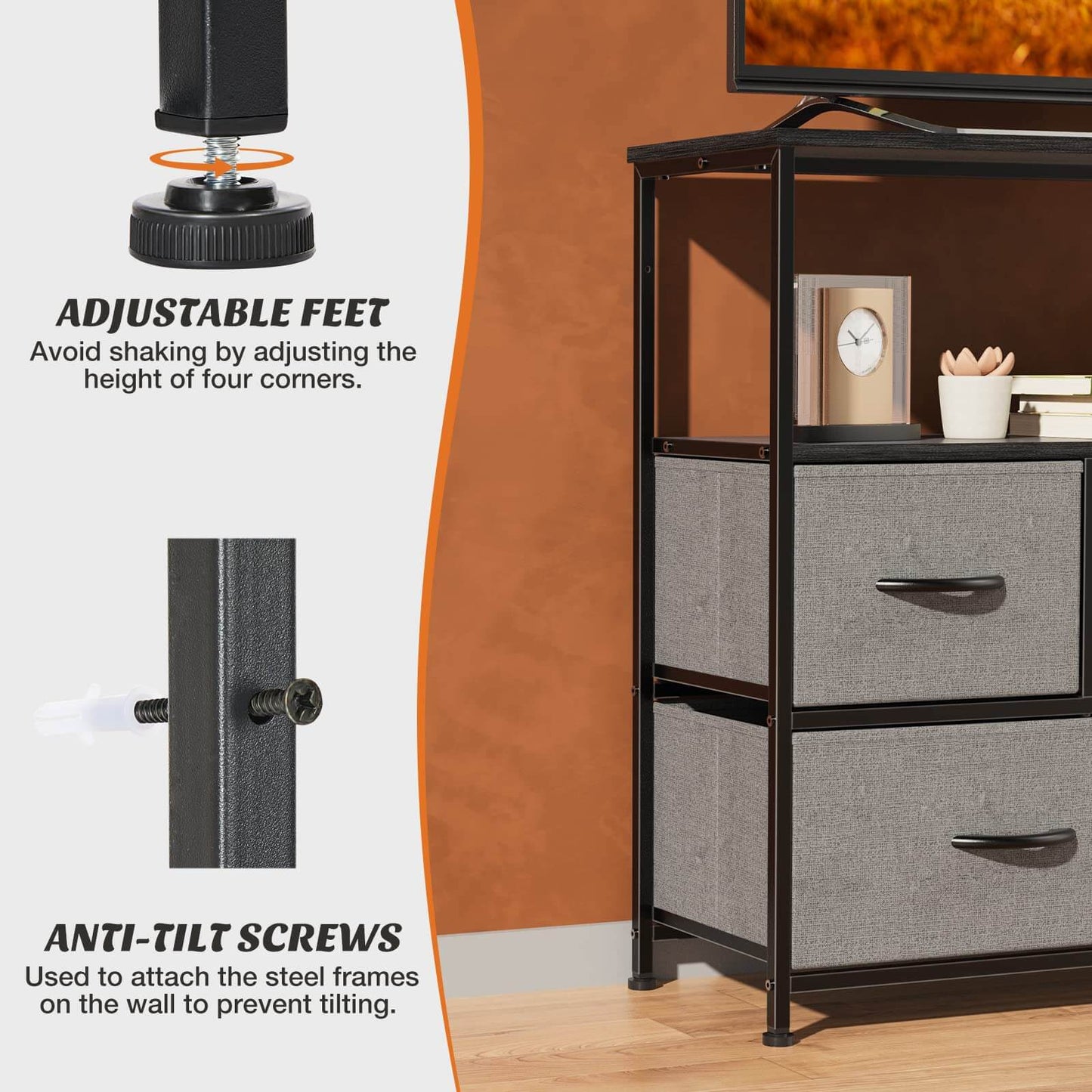 38 in Open Storage Shelf TV Stand with 5 Fabric Drawers for Bedroom/Living Room/Hallway