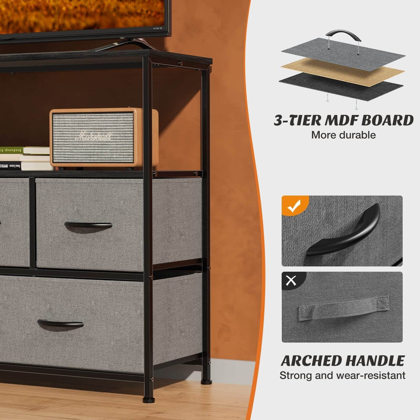 38 in Open Storage Shelf TV Stand with 5 Fabric Drawers for Bedroom/Living Room/Hallway