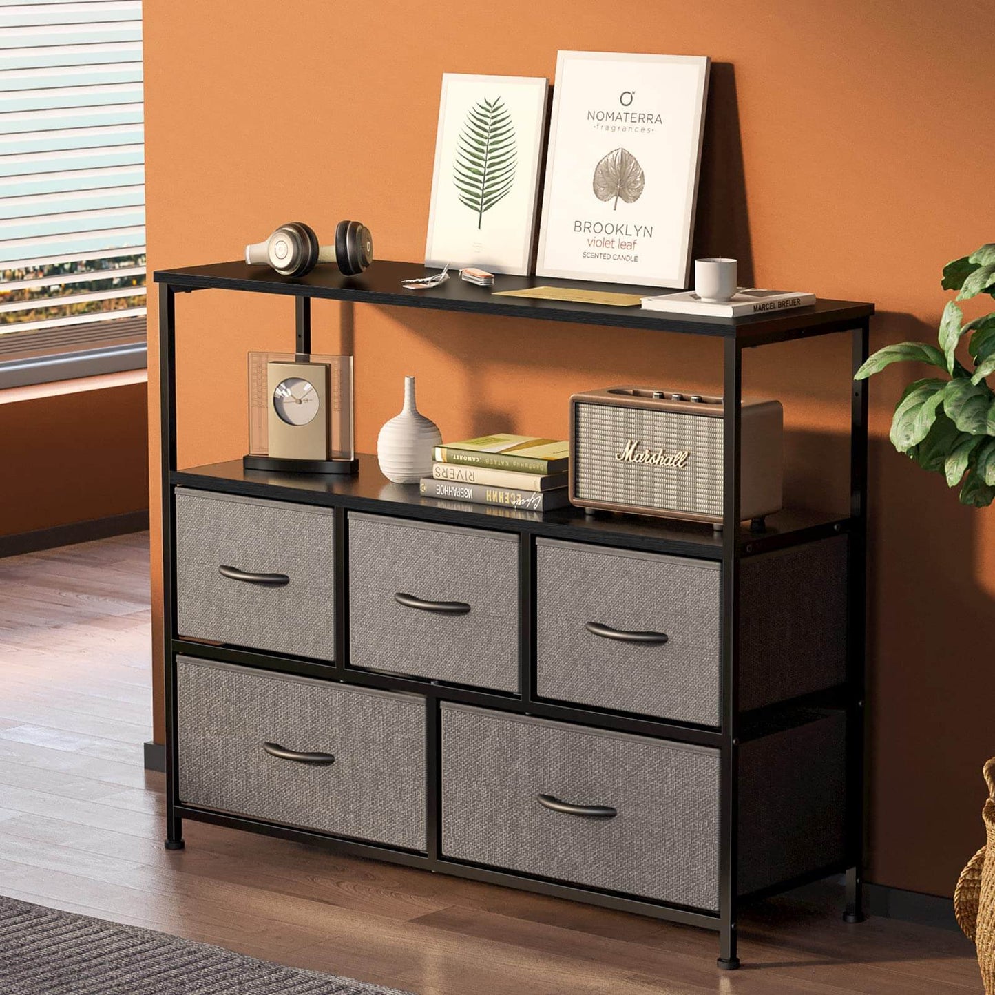 38 in Open Storage Shelf TV Stand with 5 Fabric Drawers for Bedroom/Living Room/Hallway