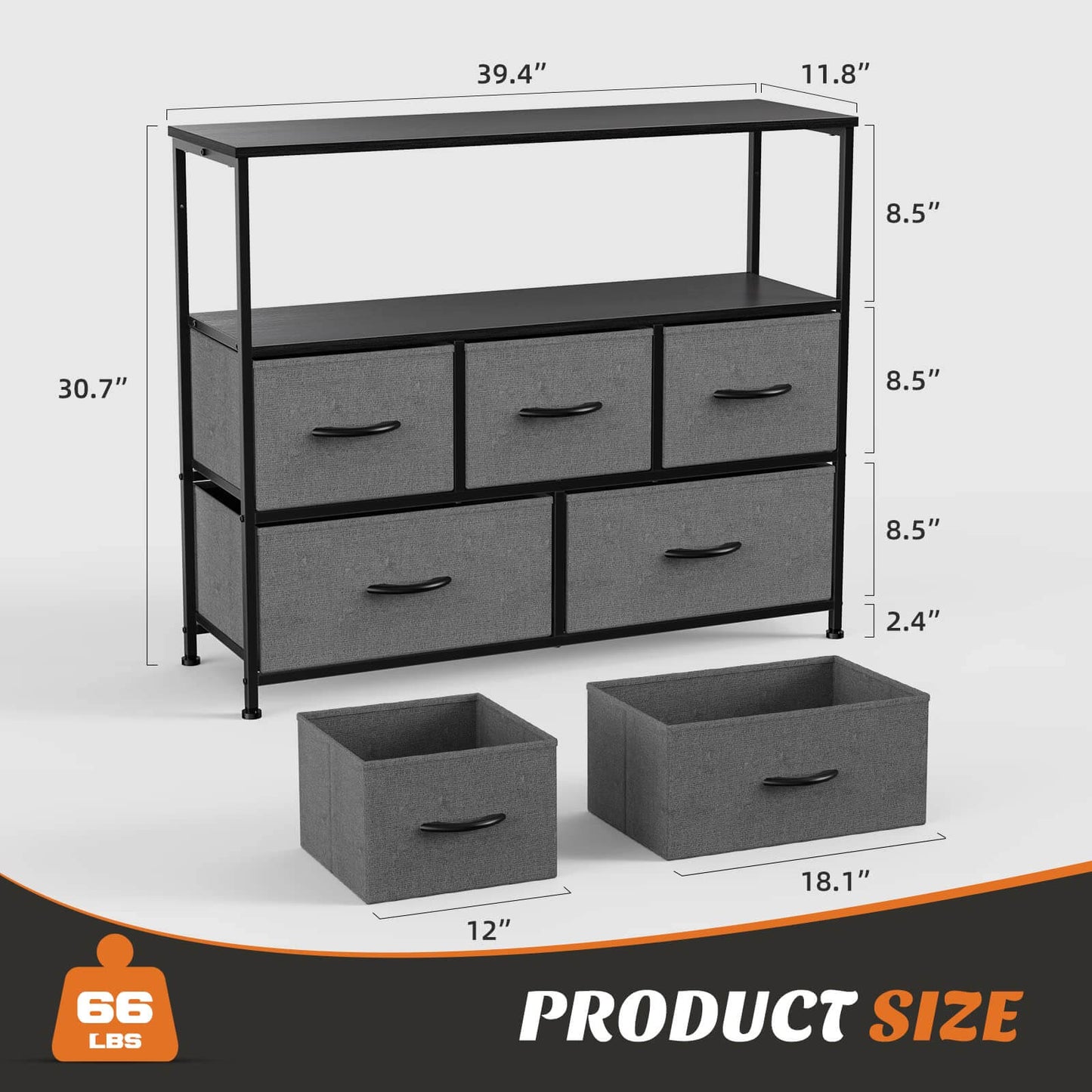 38 in Open Storage Shelf TV Stand with 5 Fabric Drawers for Bedroom/Living Room/Hallway