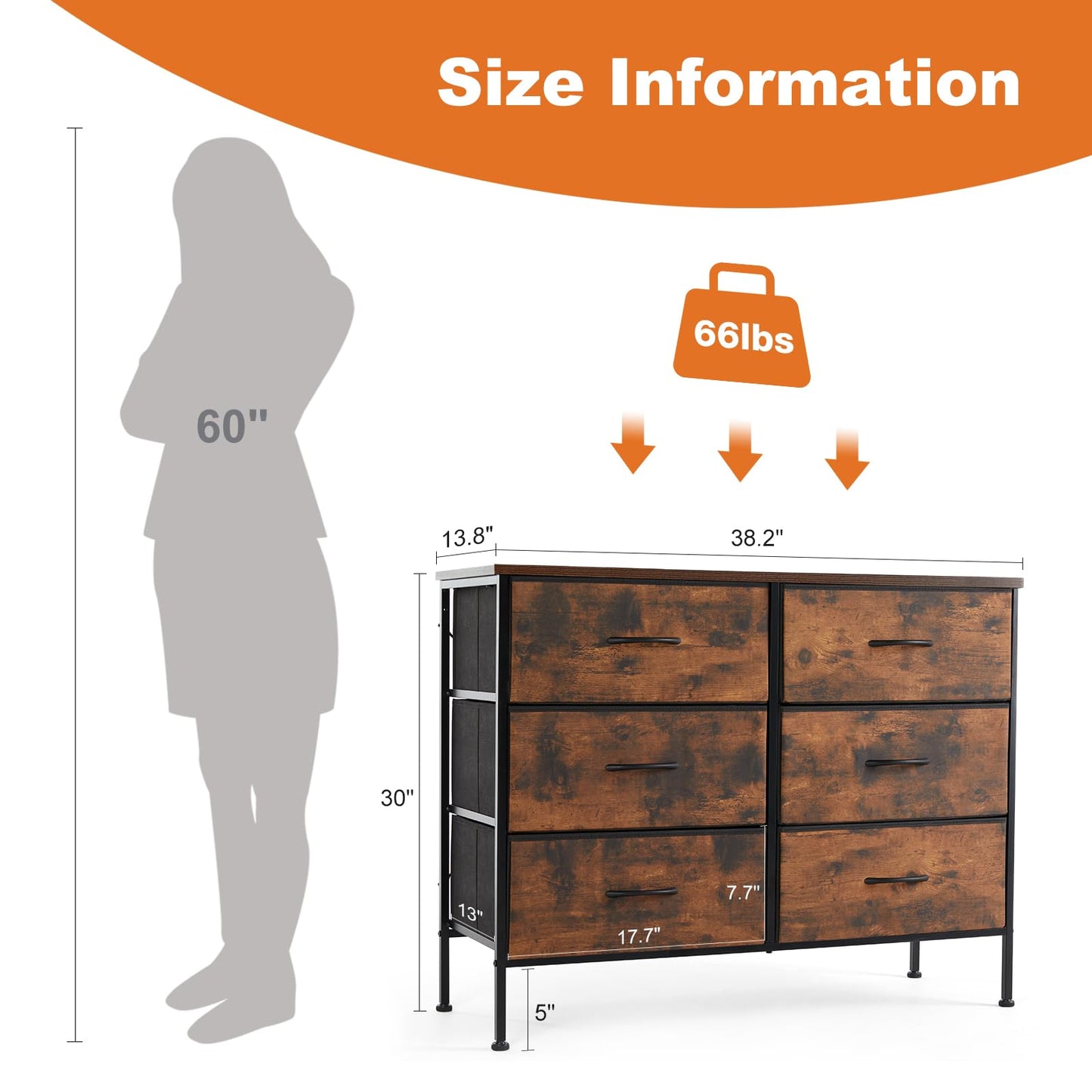Dresser TV Stand, Console Table with 6 Wide Drawers, Entertainment Center for 55" TV Storage Fabric Dresser Drawer