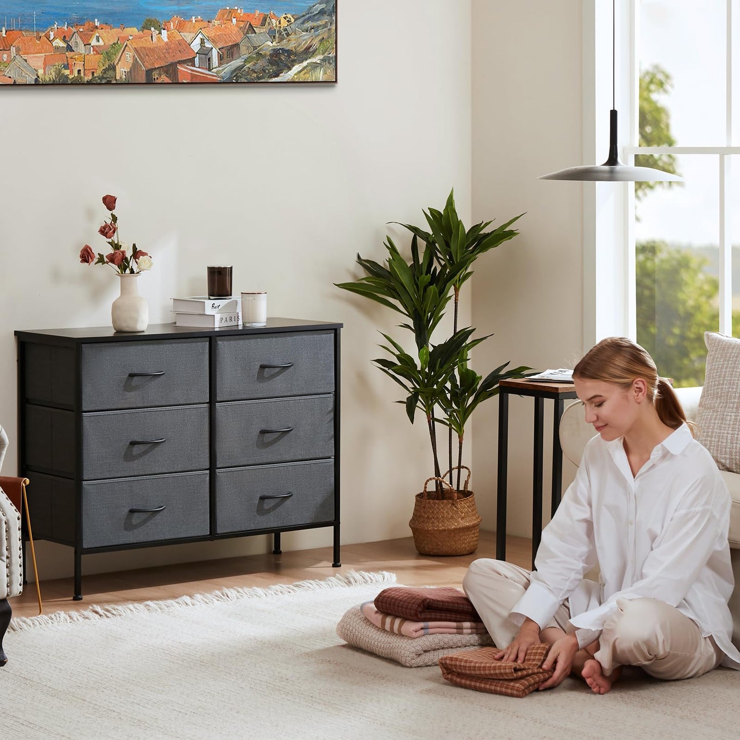 Dresser TV Stand, Console Table with 6 Wide Drawers, Entertainment Center for 55" TV Storage Fabric Dresser Drawer