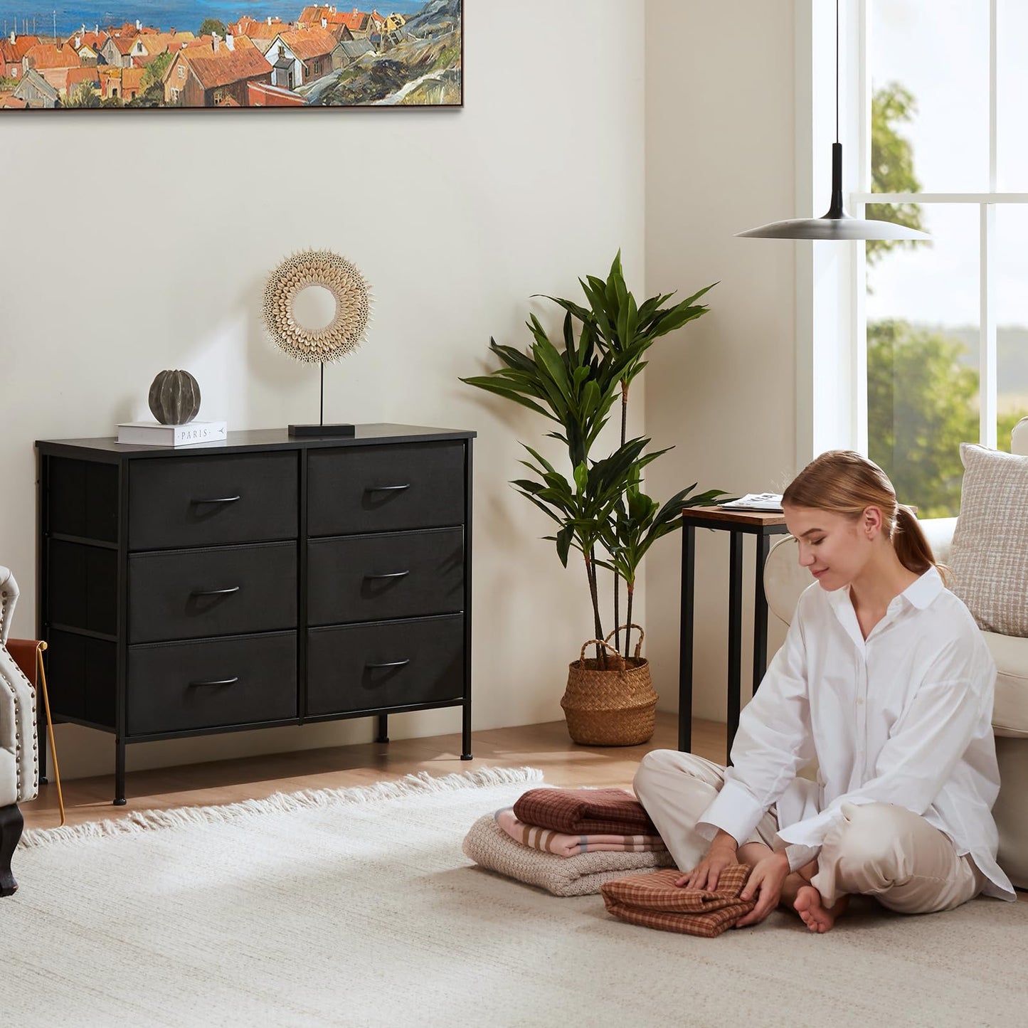 Dresser TV Stand, Console Table with 6 Wide Drawers, Entertainment Center for 55" TV Storage Fabric Dresser Drawer
