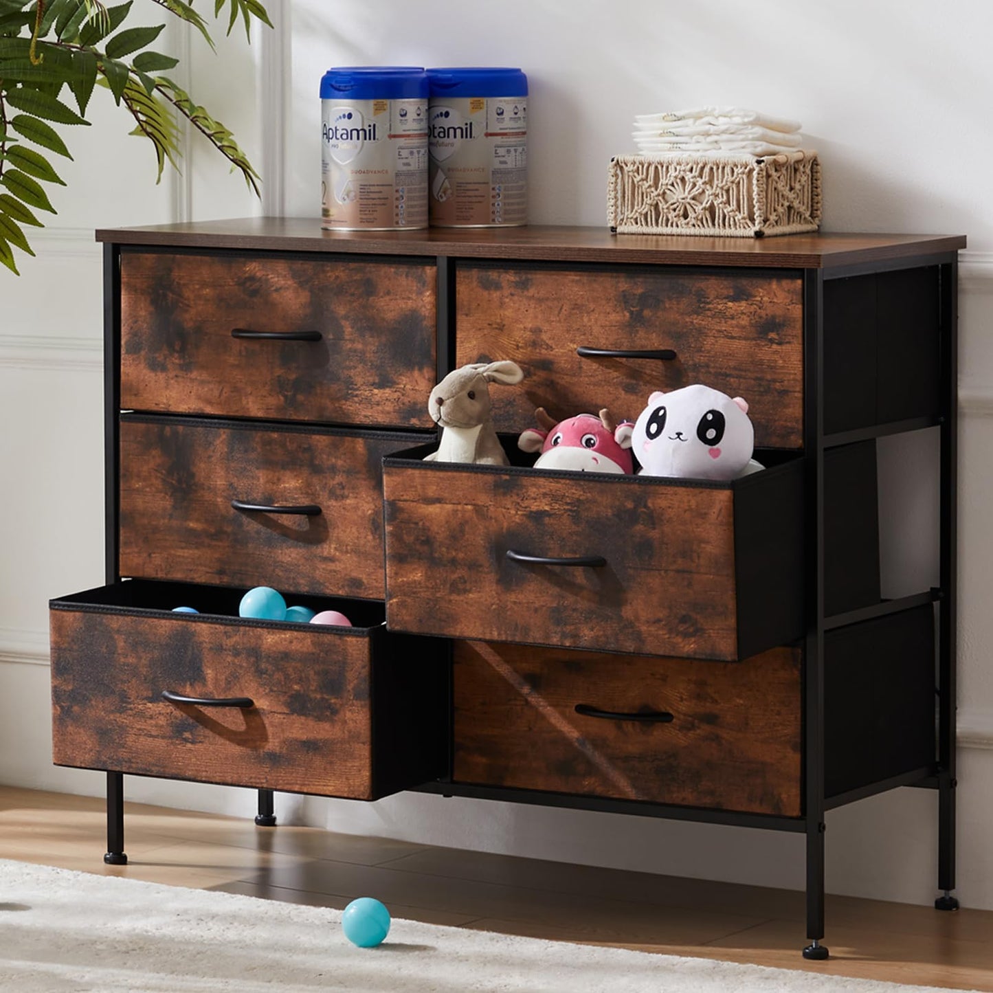 Dresser TV Stand, Console Table with 6 Wide Drawers, Entertainment Center for 55" TV Storage Fabric Dresser Drawer
