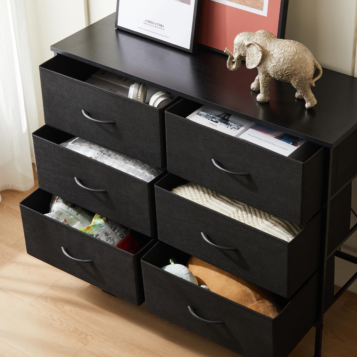 Dresser TV Stand, Console Table with 6 Wide Drawers, Entertainment Center for 55" TV Storage Fabric Dresser Drawer