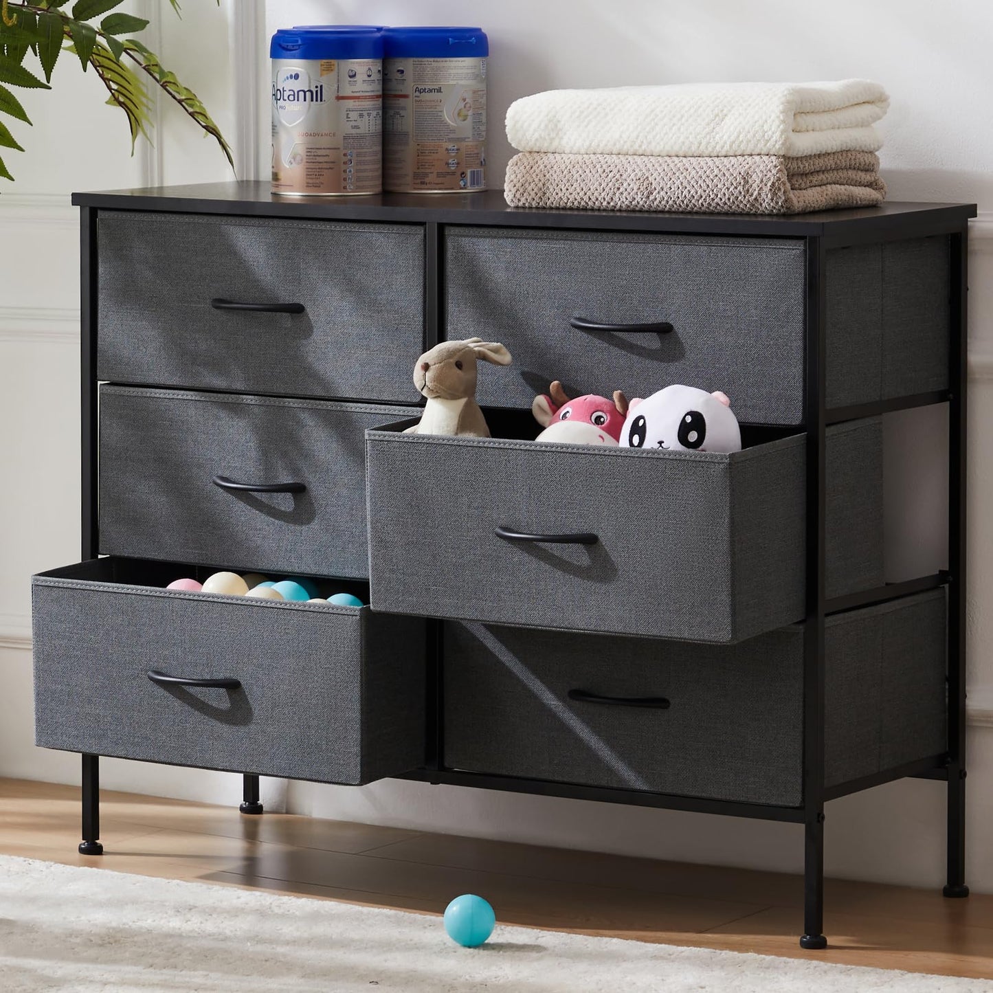 Dresser TV Stand, Console Table with 6 Wide Drawers, Entertainment Center for 55" TV Storage Fabric Dresser Drawer