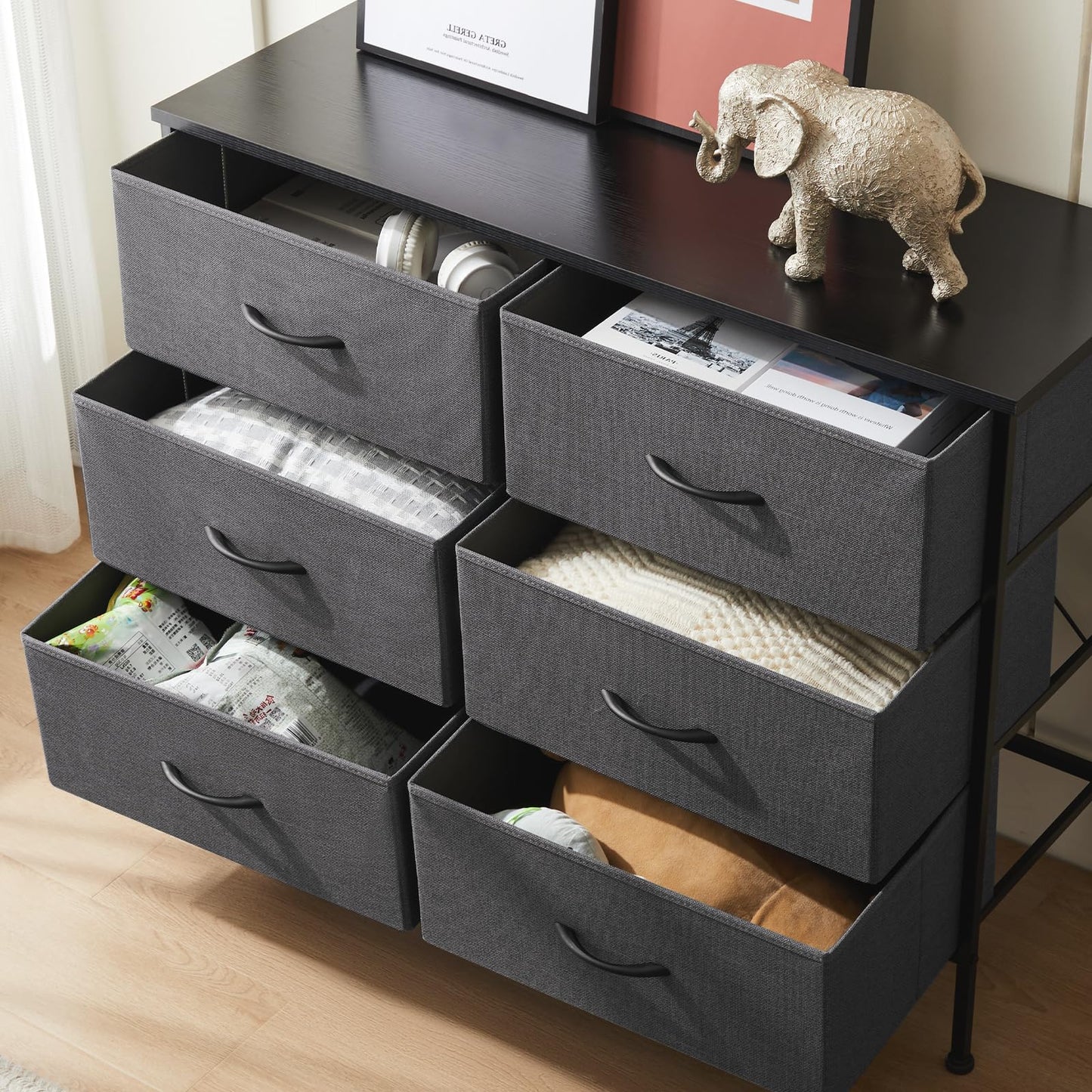 Dresser TV Stand, Console Table with 6 Wide Drawers, Entertainment Center for 55" TV Storage Fabric Dresser Drawer