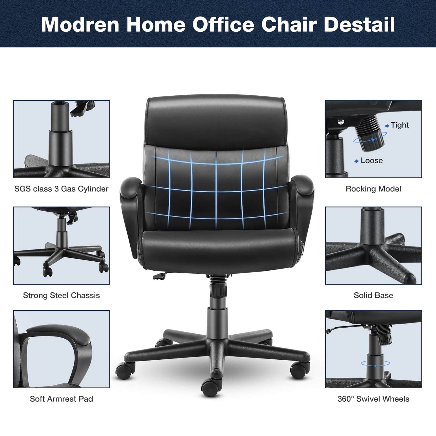 Adjustable Computer Desk Chair with Lumbar Support,Padded Armrest,Swivel Rolling