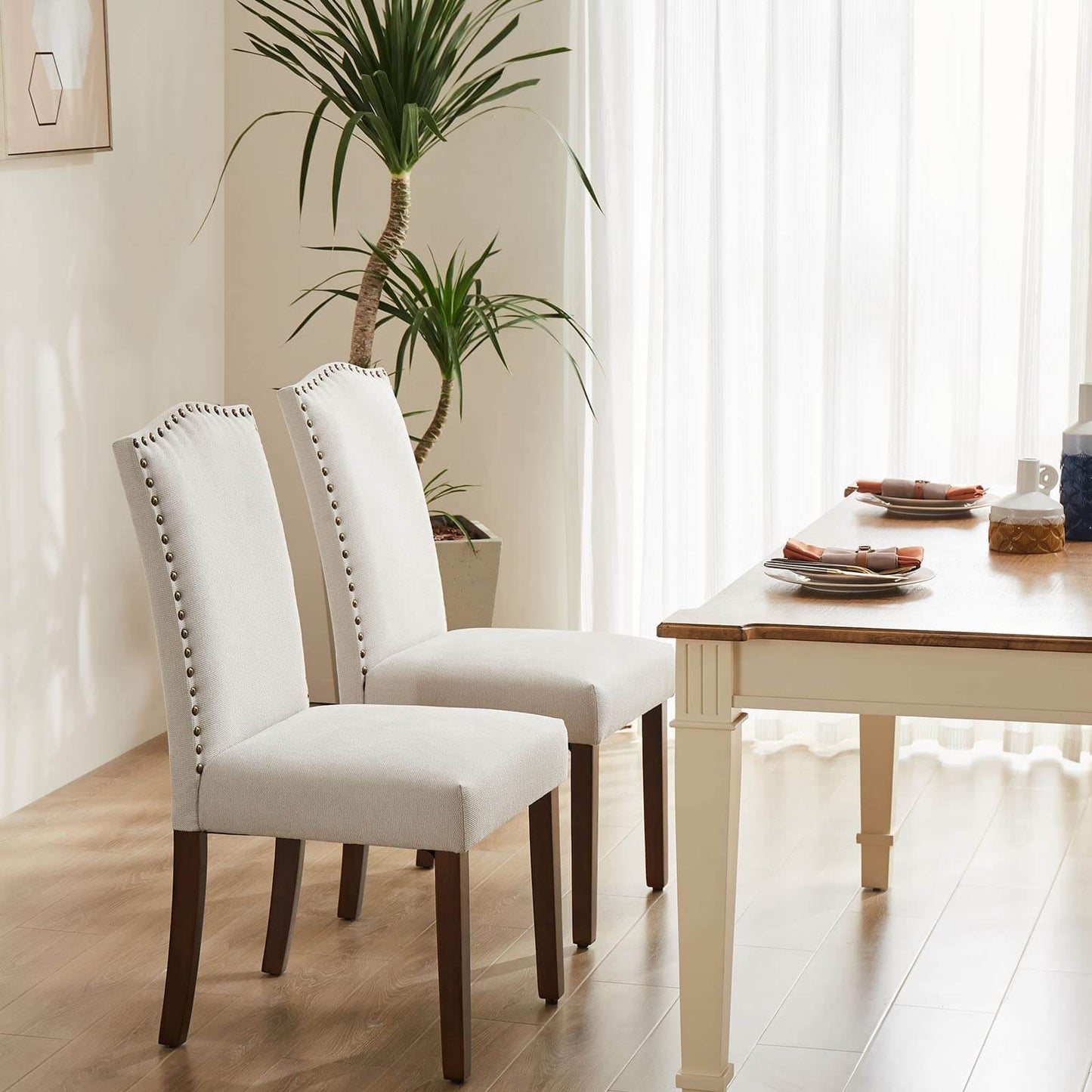 2 Piece Set of Dining Chairs , Premium leather cushion, Nailhead Trim, Wood Legs, Dining Room Kitchen Side Chair for Bedroom, Living Room, Dining Room