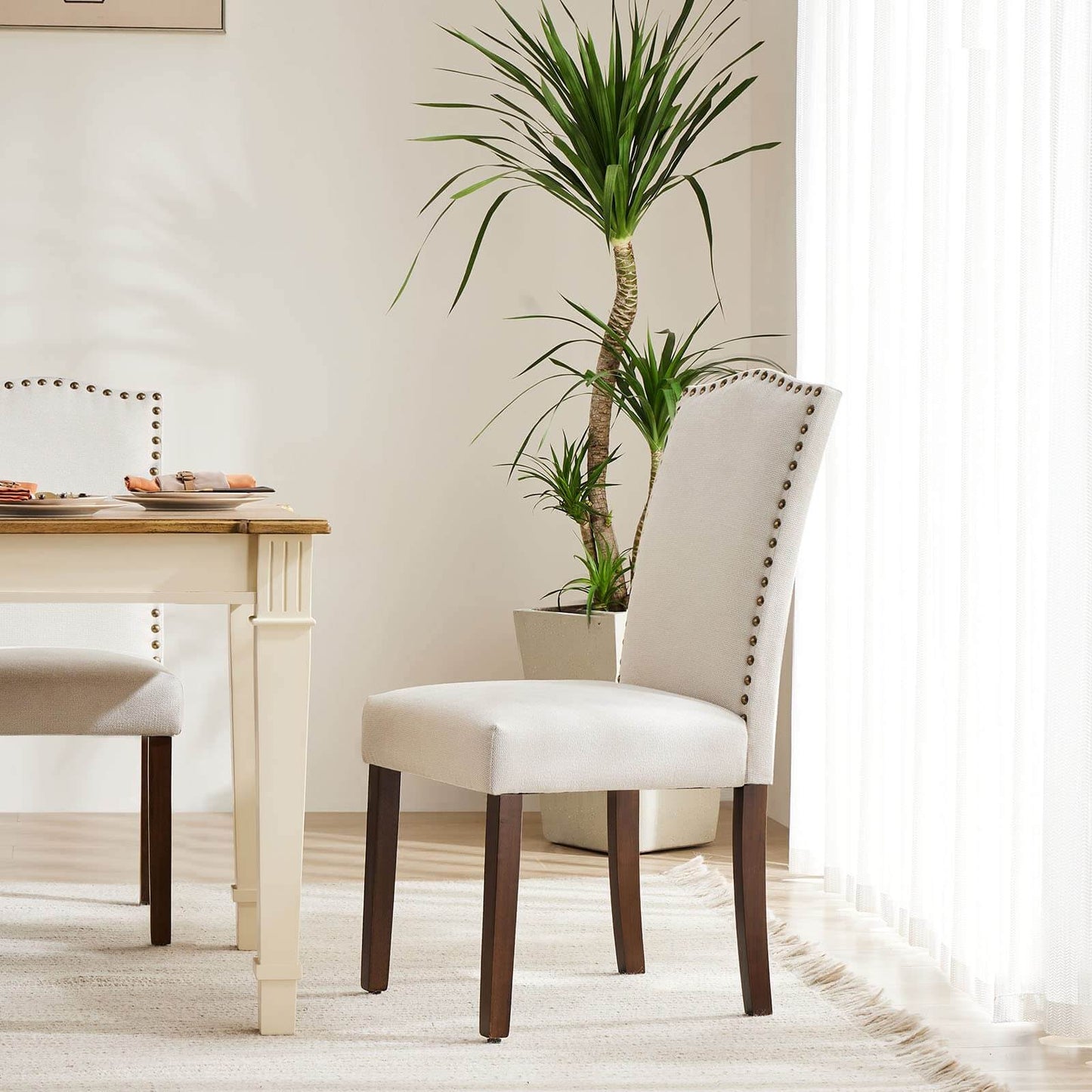 2 Piece Set of Dining Chairs , Premium leather cushion, Nailhead Trim, Wood Legs, Dining Room Kitchen Side Chair for Bedroom, Living Room, Dining Room