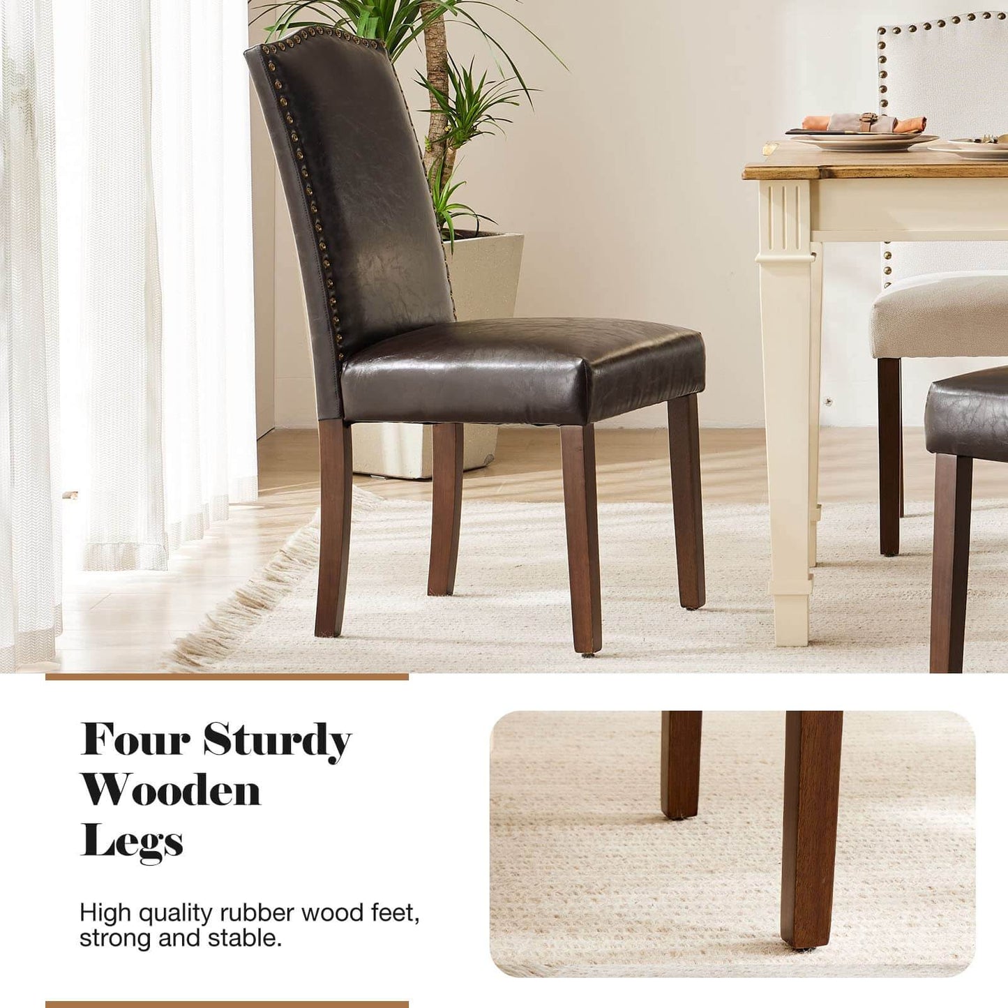 2 Piece Set of Dining Chairs , Premium leather cushion, Nailhead Trim, Wood Legs, Dining Room Kitchen Side Chair for Bedroom, Living Room, Dining Room