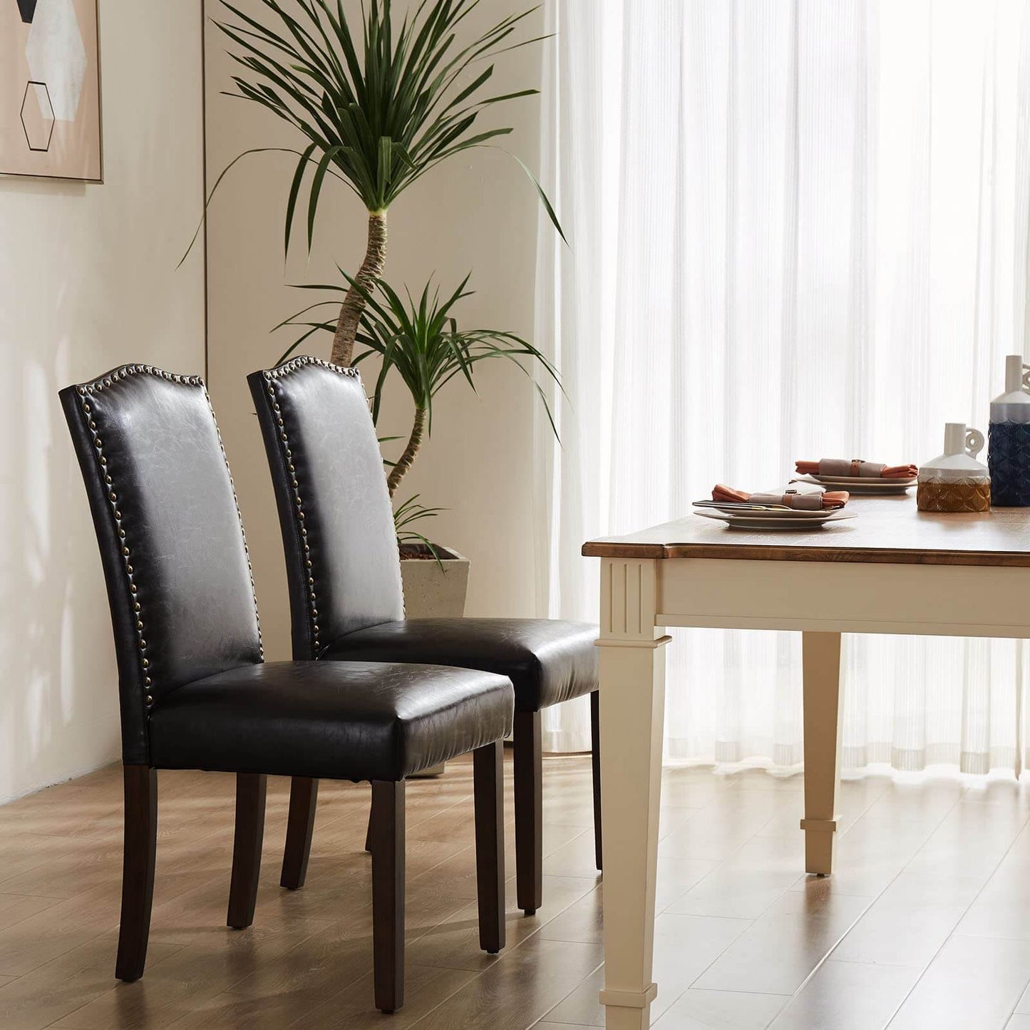 2 Piece Set of Dining Chairs , Premium leather cushion, Nailhead Trim, Wood Legs, Dining Room Kitchen Side Chair for Bedroom, Living Room, Dining Room